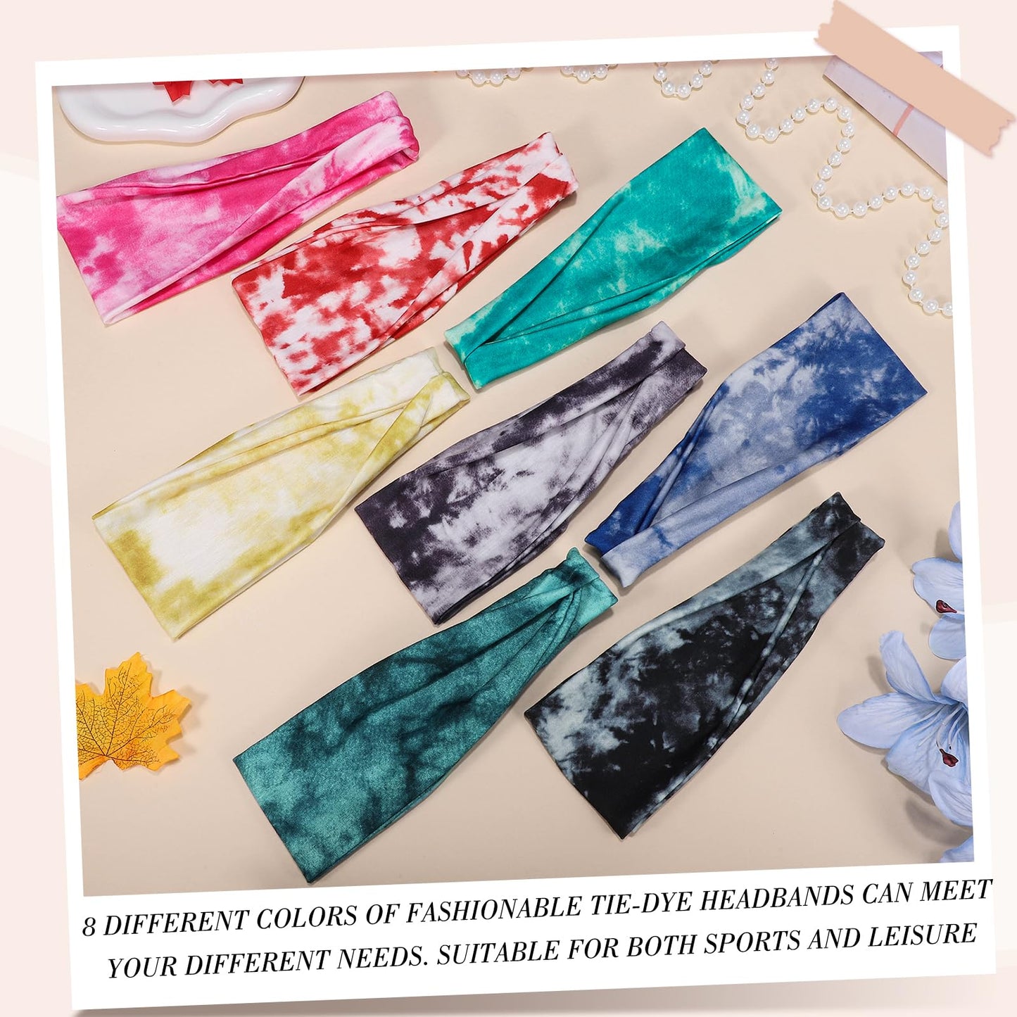 obeoby Tie Dye Headbands for Women, 8Pcs Boho Hairbands Fashion Knot Wide Headband for Daily, Yoga, Work