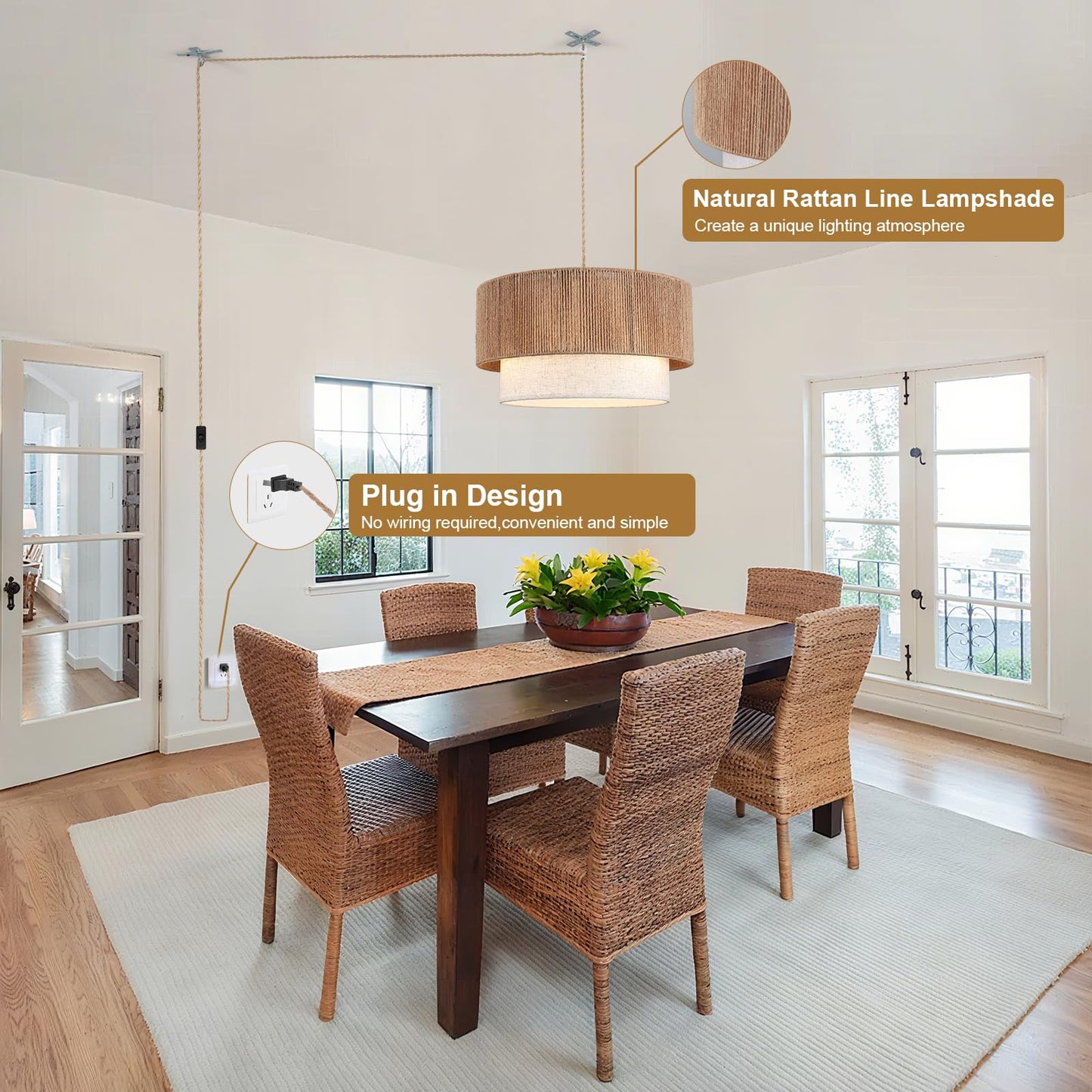 Kirahee Plug in Pendant Light, 18in Rattan Chandelier with Fabric Shade, E26 On/Off Switch, 3-light for Dining Room, Living Room, Kitchen