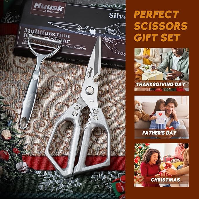 HUUSK Kitchen Scissors and Vegetable Peeler Set - Silver Stainless Steel Cooking Kitchen Shears for Food with Serrated Peeler, Heavy Duty Japanese Dishwasher Safe Meat Scissors, Christmas Gift for Men