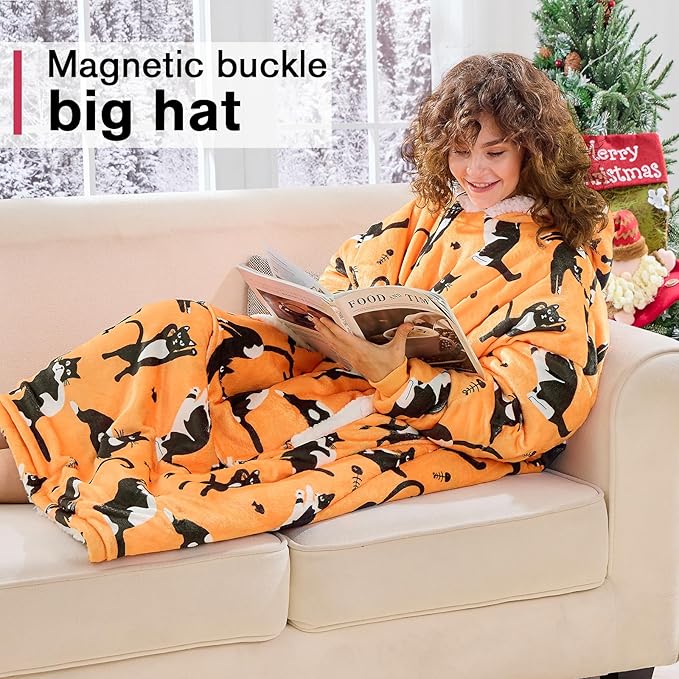 yescool Wearable Blanket Hoodie, Flannel Sherpa Fleece Blanket Sweatshirt for Adults Women Men,One Size Fits All