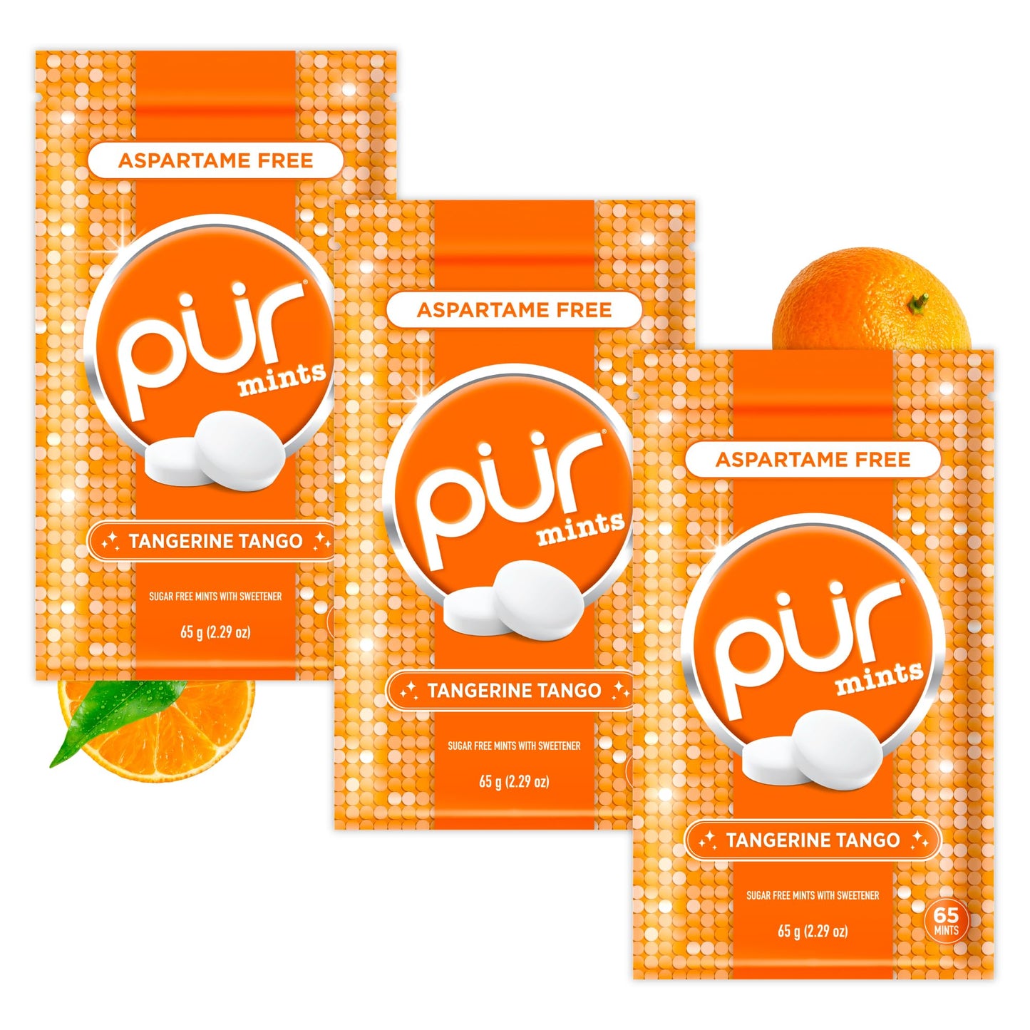 PUR Mints | Aspartame Free Breath Mints | Made with Xylitol | Sugar Free Vegan Gluten Free | Natural Tangerine Tango Flavor | 65 Pieces in Re-Sealable pouch (Pack of 3)