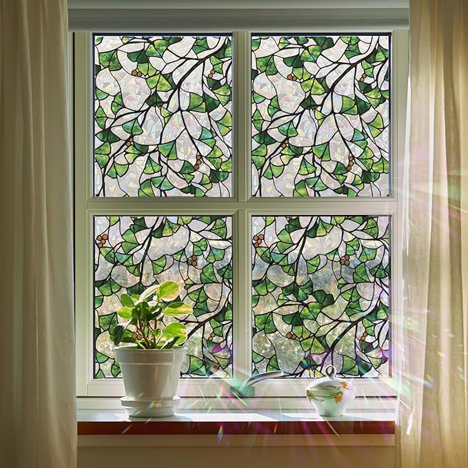 Rainbow Window Privacy Film Stained Glass Handmade Design for Bathroom, Ginkgo Leaves, 118.11'' x 16.92''