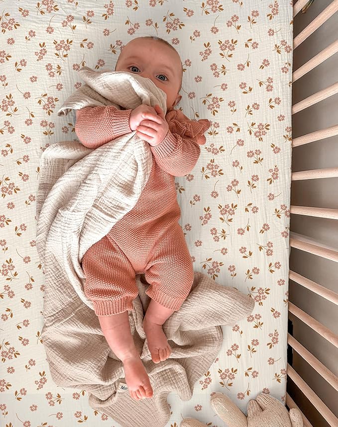 Pack and Play Sheets for Baby Boy and Girl 2 Pack, Neutral Muslin Cotton Pack N Play Mattresses Sheet 27"x39", Muslin Nursery Bedding Soft and Breathable Comfort (Floral & Pink)