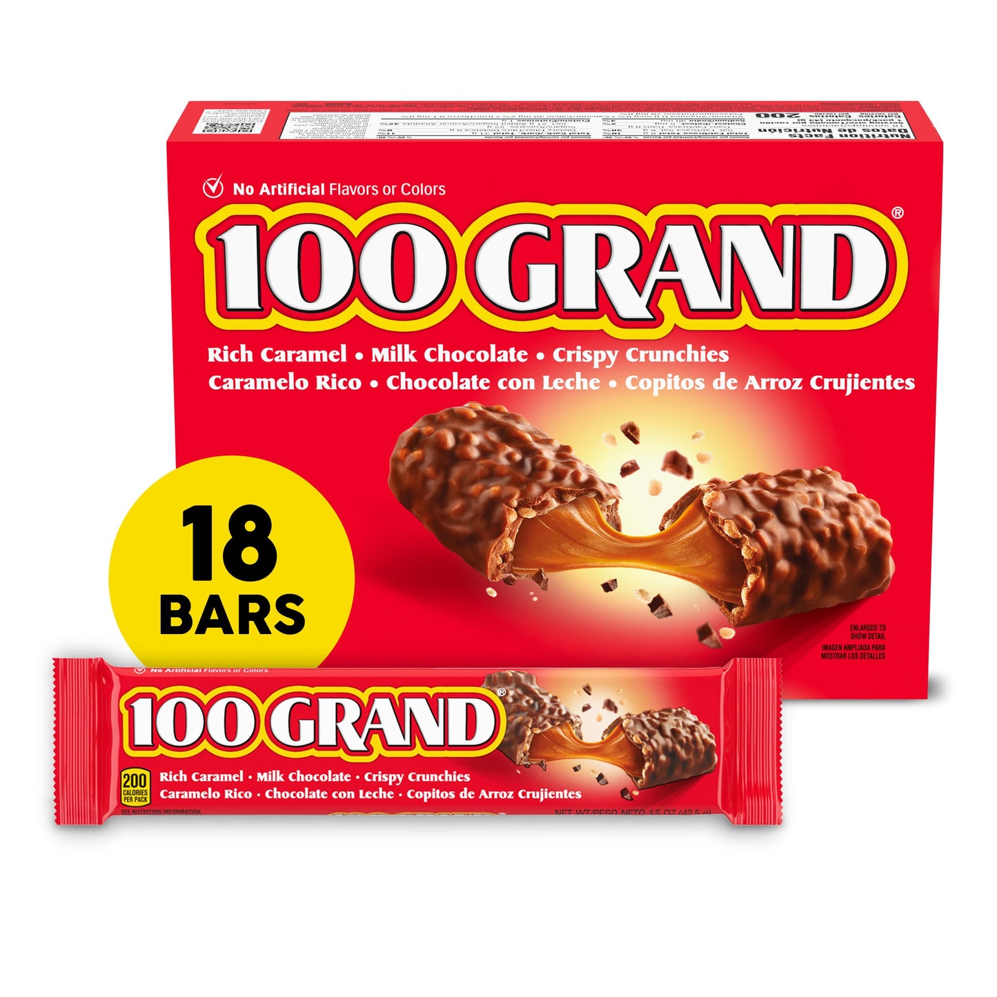 100 Grand Crispy Milk Chocolate with Caramel Full Size Individually Wrapped Candy Bars 1.5 oz each Bulk 18 Count Box