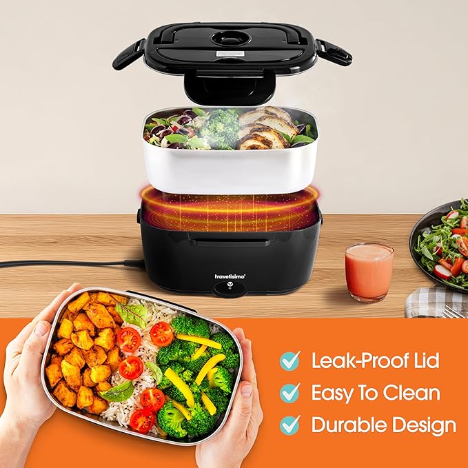 TRAVELISIMO Electric Lunch Box for Adults 80W Heated Lunch Box For Men 1.5L Stainless Steel Portable Food Warmer, 12/24/110V Electric Food Warmers for Travel & Work, Loncheras Para Hombres de Trabajo