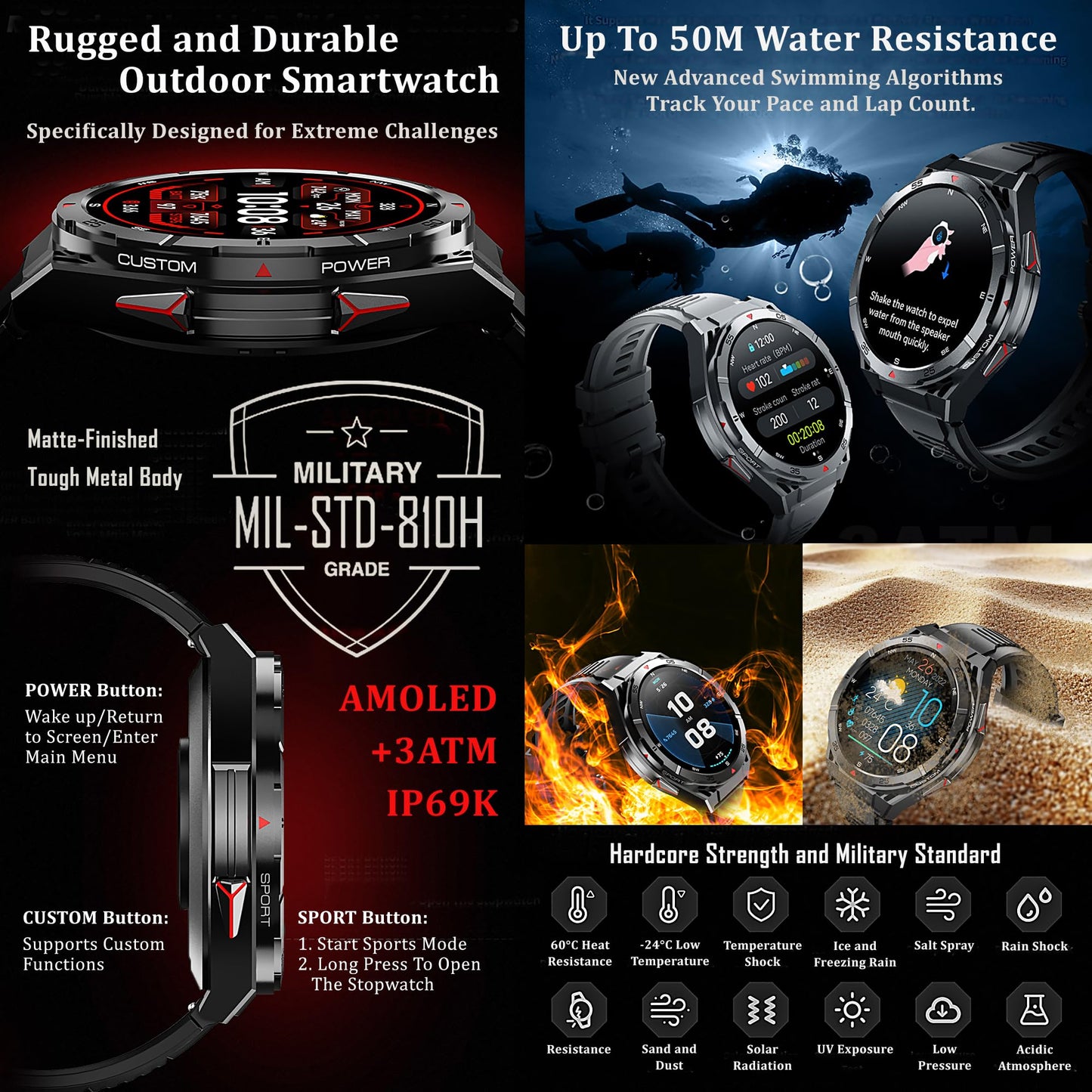 Military GPS Smart Watch: 1.43” AMOLED Always On Display, Built-In GPS, Compass, Altimeter, Barometer, Fitness/Path Tracker, BT Call, 150+ Sports, IP69K, Voice Assist, Long Battery Life, Android/iOS