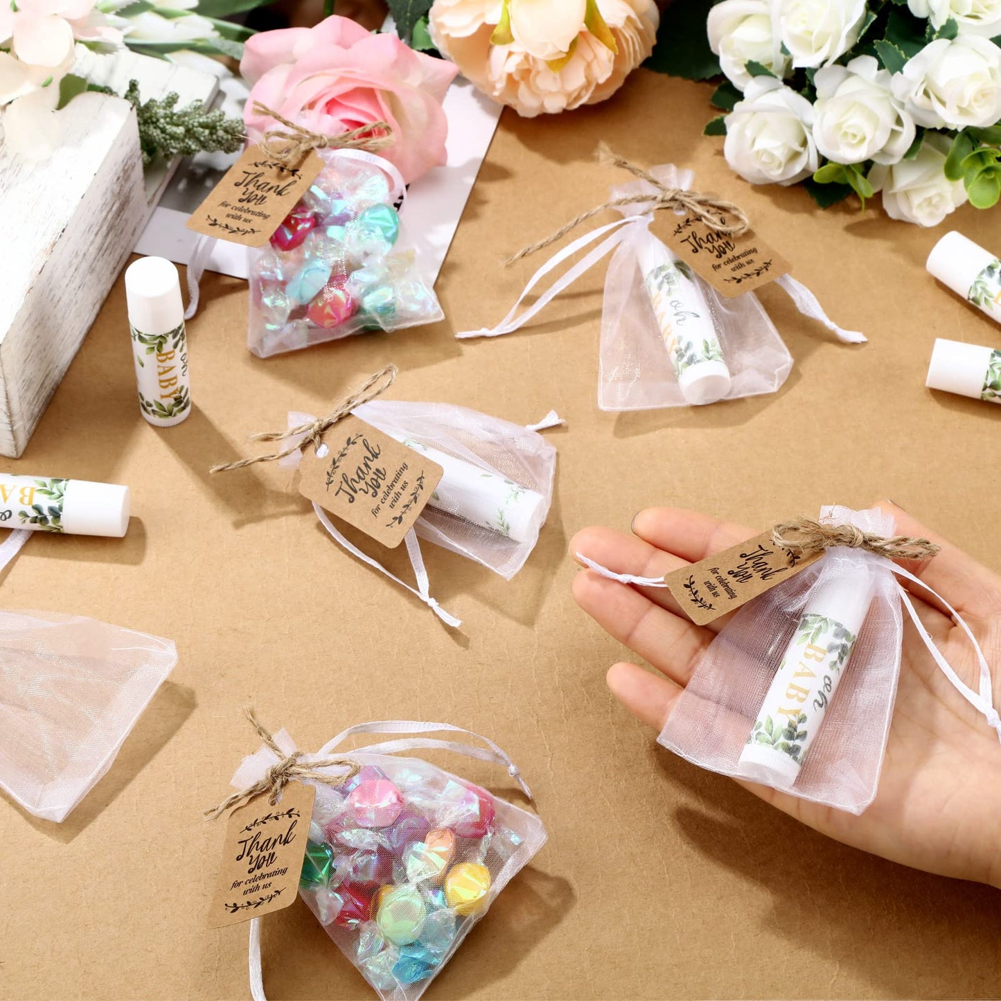 50 Pcs Sage Green Baby Shower Lip Balm Gift Set with 100 Pcs Organza Bag Eucalyptus Baby Shower Favor for Guest Greenery Leaf Li