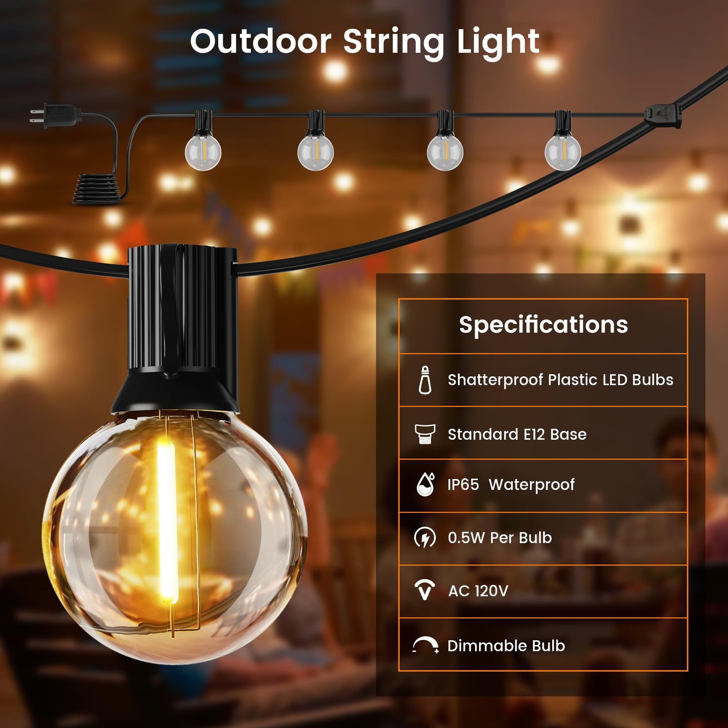 OHLUX Outdoor String Lights, 180FT G40 LED Patio Lights, Warm White, 82 Dimmable Bulbs, Waterproof, Model GLS-20J2P-G40-80