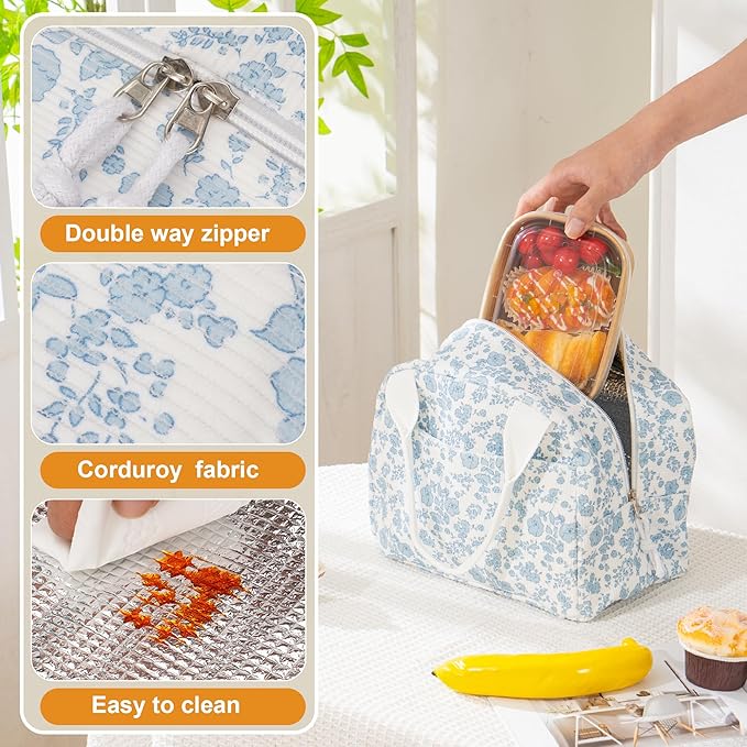 Lunch Bag for Women Insulated Lunch Box Reusable Cooler Bag Portable Cute Corduroy Leakproof Tote Bags for Travel, Work, and Picnic