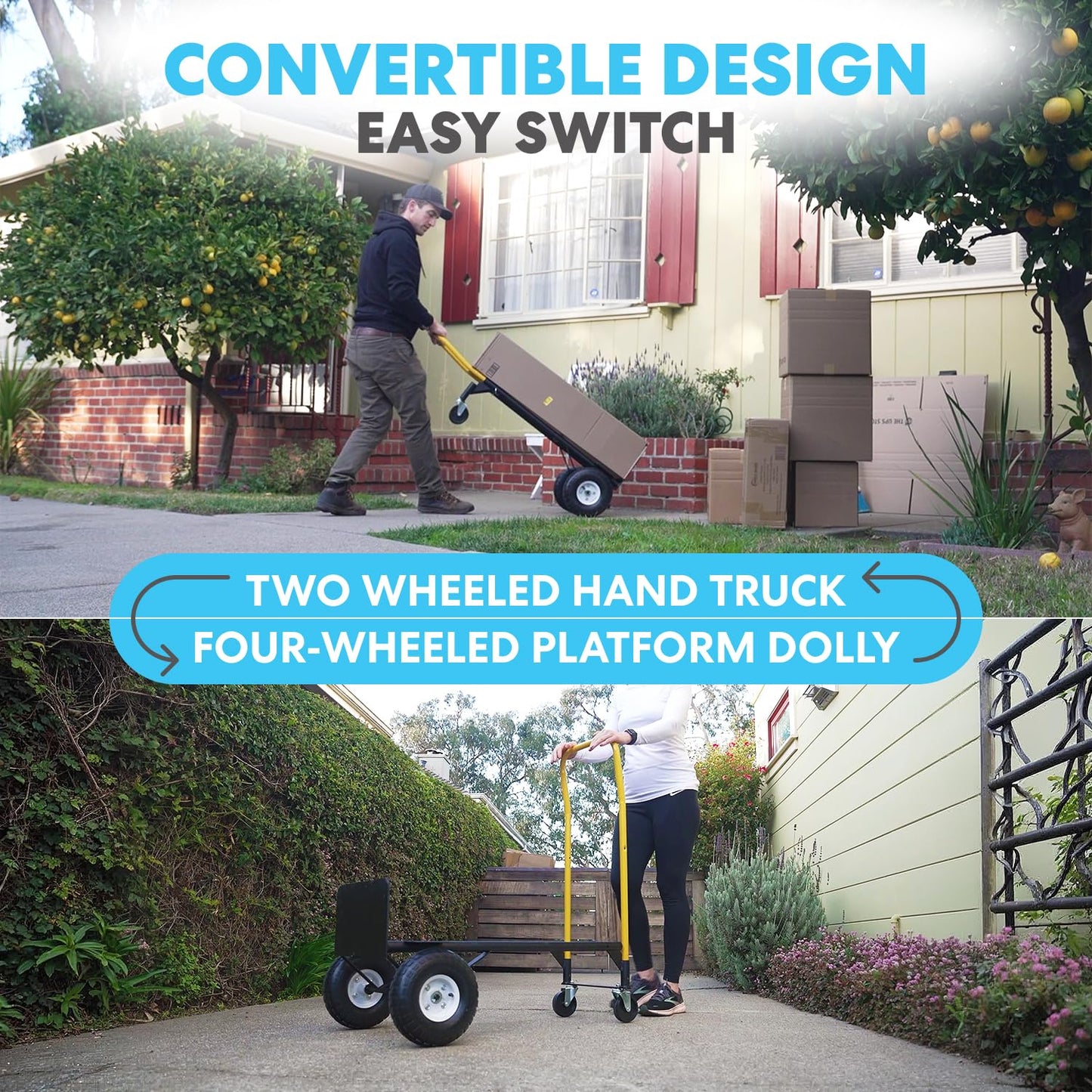 SIMPLI-Magic 2 in 1 Convertible Hand Truck and Dolly, 800LBS – Heavy-Duty Moving Dolly Cart with 10" Flat Free Rubber Wheels & Handle
