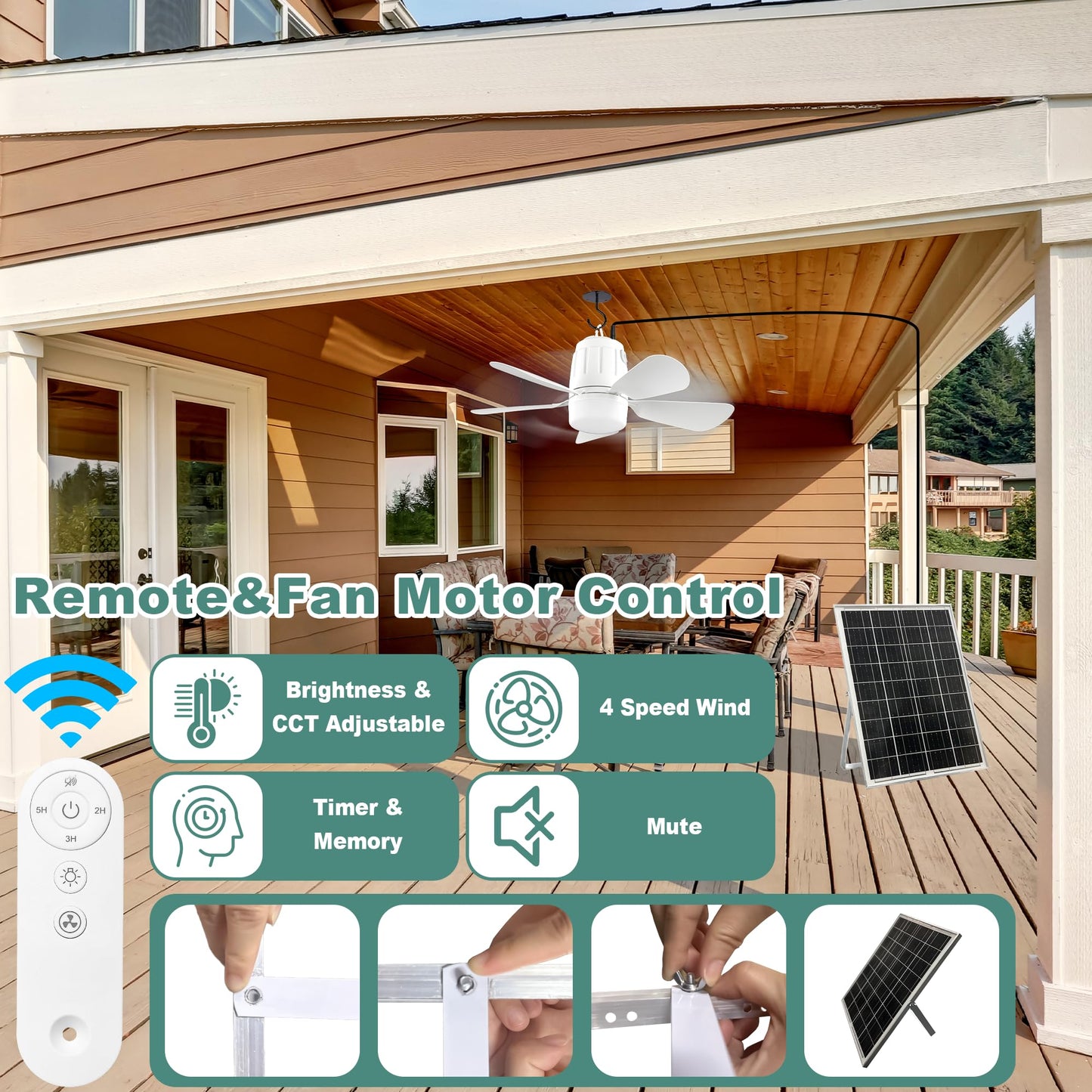 Gliztech Solar Ceiling Fan Light, 30W Solar Powered Fan with Remote, 20in White, Model SSDSFL006 for Outdoor Use