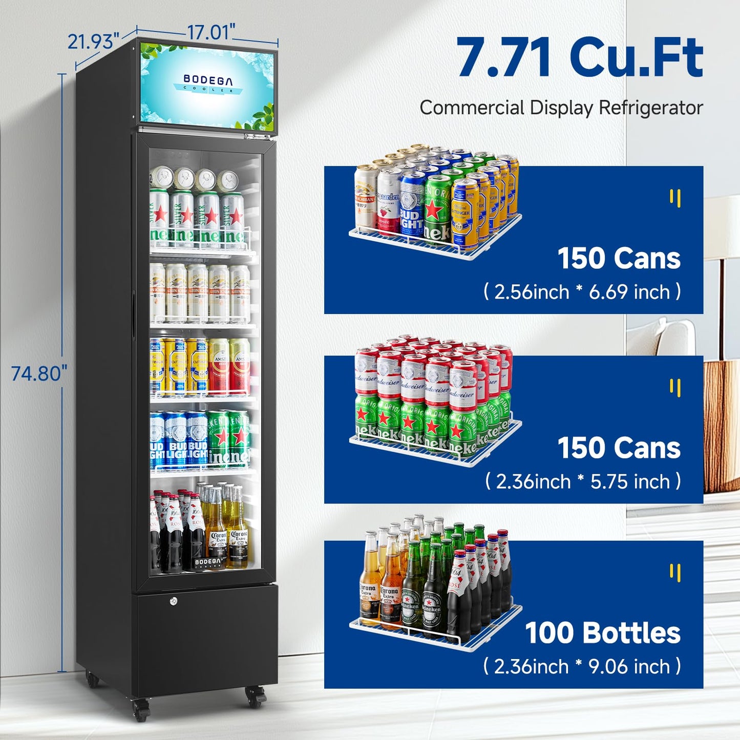 BODEGACOOLER Commercial Refrigerators, Drink Fridge with Glass Door, Tall Beverage Cooler, Single Door Display Refrigerator, for Beer, Soda, 7.71 Cu.ft Capacity