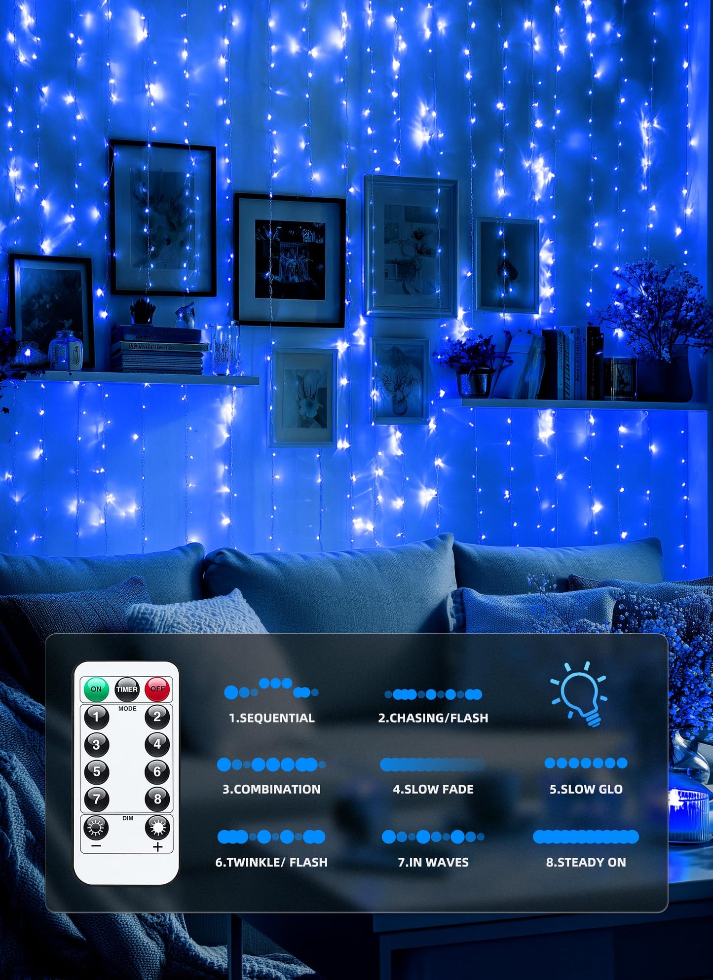 Brightown 300 LED Fairy Curtain Lights, USB Plug, 8 Modes, 9.8ft x 9.8ft, Copper Wire, Blue
