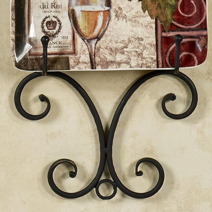 Kanya Black Four Plate Wall Mount Rack | Four Plate Holder | Plate Display Easel Decor | Openwork Scrolls | Traditional Classic Metal Plate Racks | Square or Round Plates | Kitchen | Dining Room