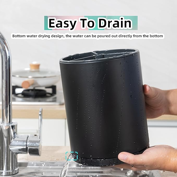 Kitchen Utensil Holder Extra Large 360°Rotating For Counter Organizer Stainless Steel Storage Cooking Silverware Caddy 3 Compartment Flatware Spoon Spatula Tool Cutlery Container(Black)