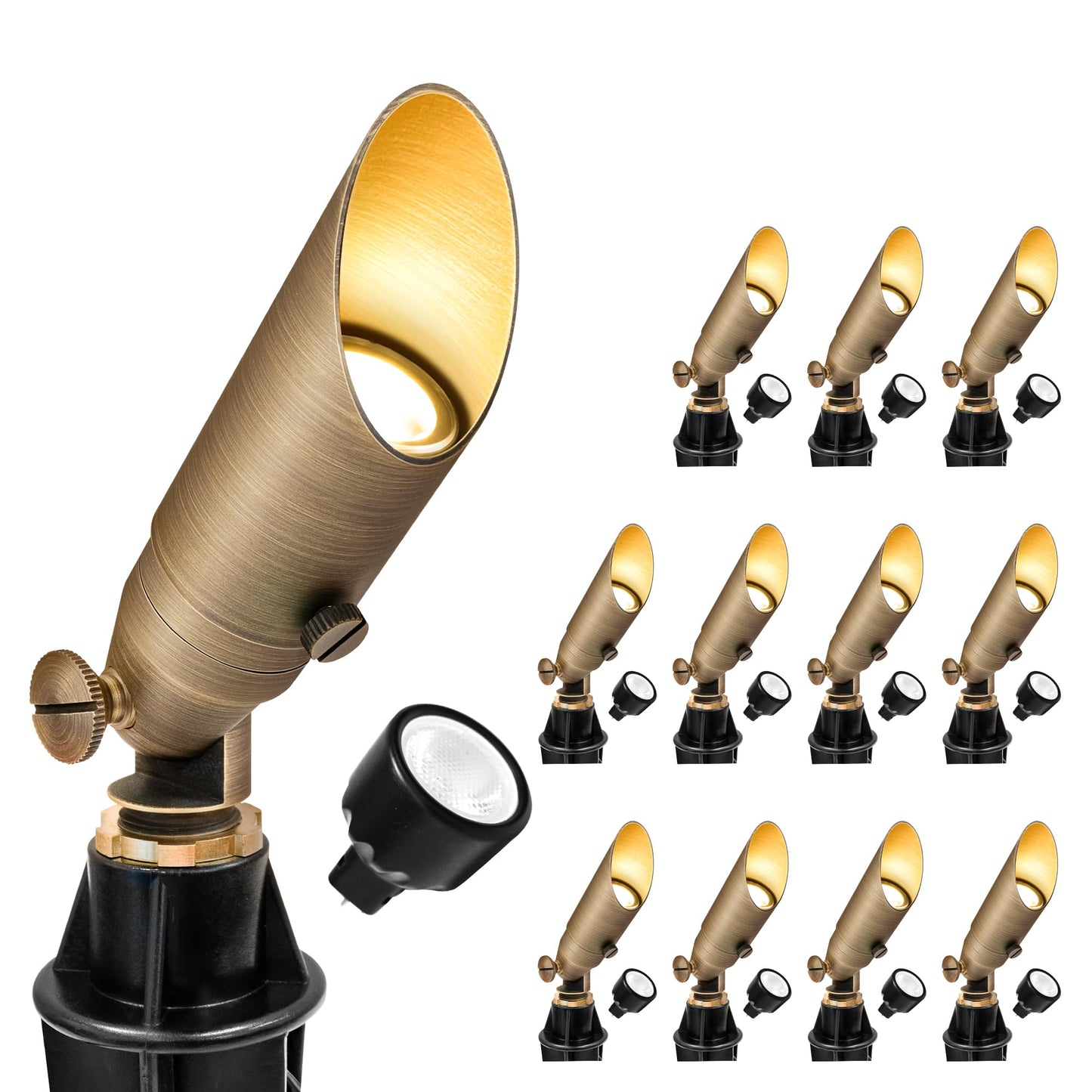 GKOLED Low Voltage Solid Brass LED Spotlight, Outdoor Waterproof Landscape Lighting with MR8 Bulb, Adjustable Uplights with Stak