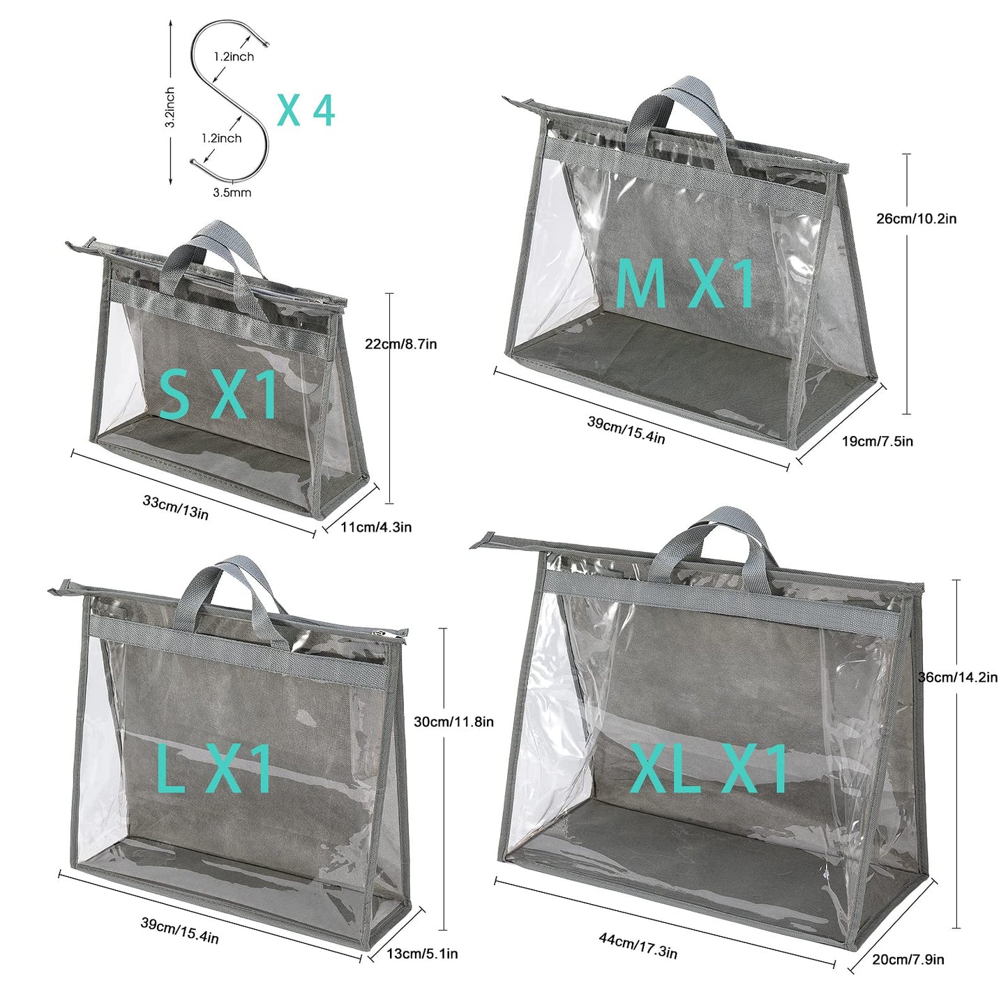 CINPIUK 4 Pack Handbag Dust Bags Clear Purse Storage Organizer for Closet, Zipper Hanging Storage Bag for Handbags, Grey
