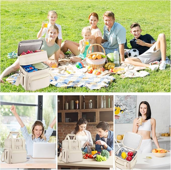 Insulated Lunch Bag & Lunch Box for Women - Double Deck Reusable Lunch Bag for men Tote Cooler Bag Leakproof Soft Expandable - Large Lunchbox for Work/Adult/Picnic/Outdoor (Cream,15L)