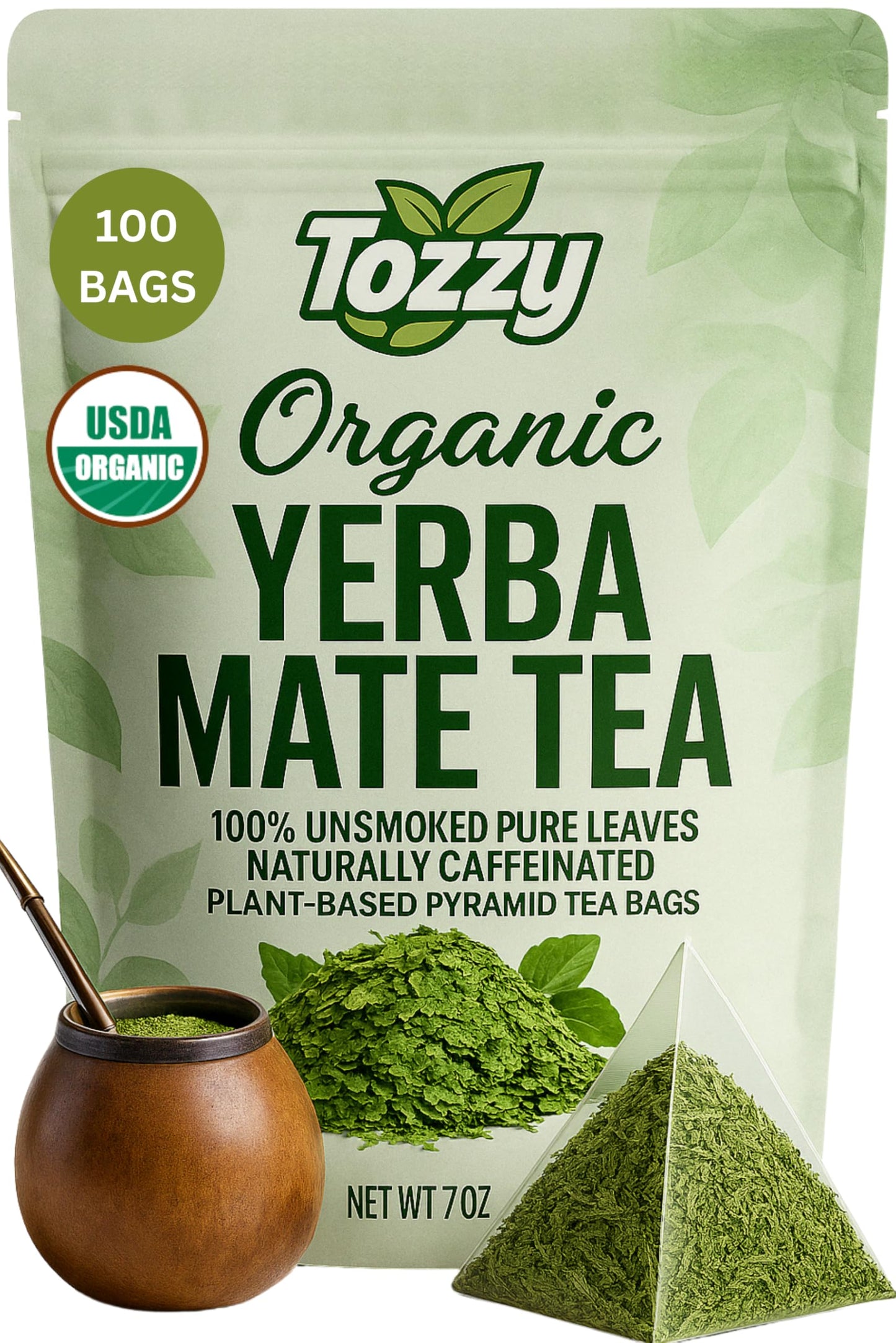 Tozzy Organic Yerba Mate Tea Unsmoked - 100 Count Plant-Based Pyramid Tea Bags