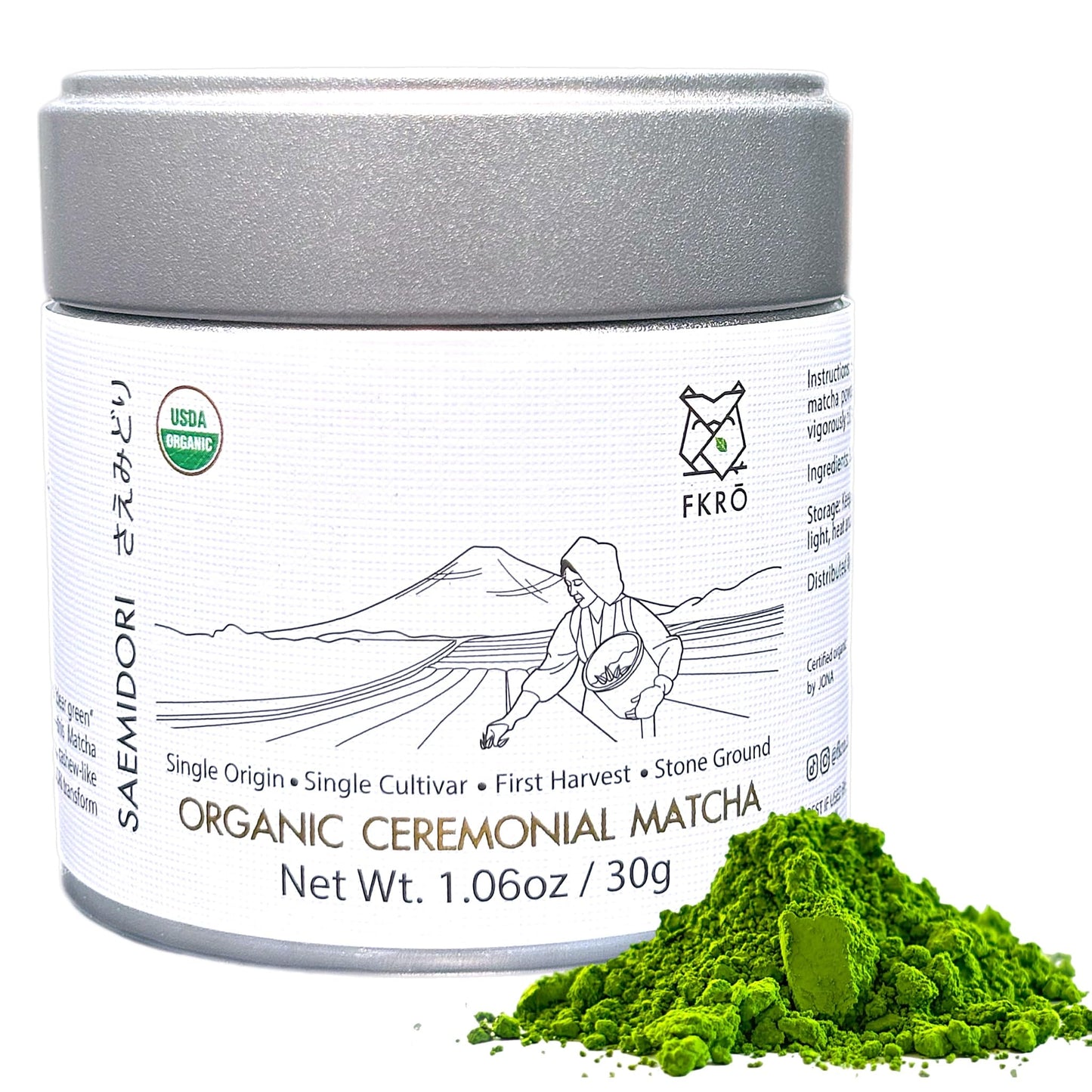 FKRO Organic Ceremonial Grade Matcha Green Tea Powder | 1st Harvest Single Origin Single Saemidori Cultivar | Flown in Fresh from Japan Every Month (30g/1.06oz) Tin