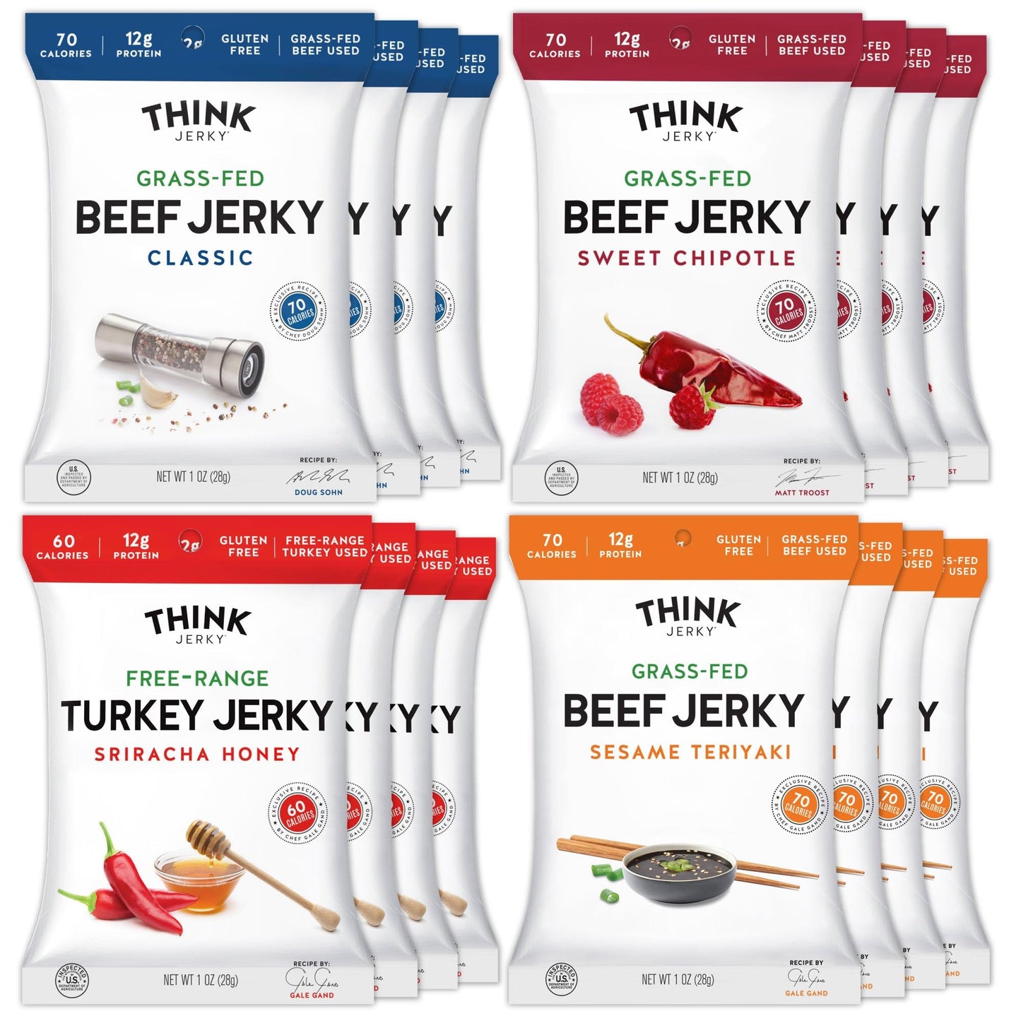 Think Jerky Beef and Turkey Jerky Variety Pack Original Sweet Chipotle Sriracha Honey Sesame Teriyaki Healthy Jerky Snack Healthy Meat Snack Low Calorie Low Fat - 1.0 oz Bags 16 Pack