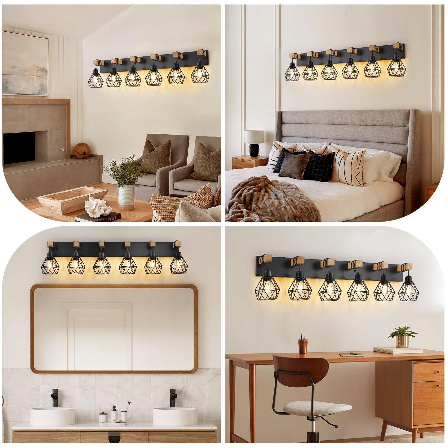Farmhouse Vanity Light For Bathroom 6-Light Wood Bathroom Vanity Light Fixtures Over Mirror Rustic Sconces Wall Lighting With Metal Lampshade For Living Room Bedroom Hallway