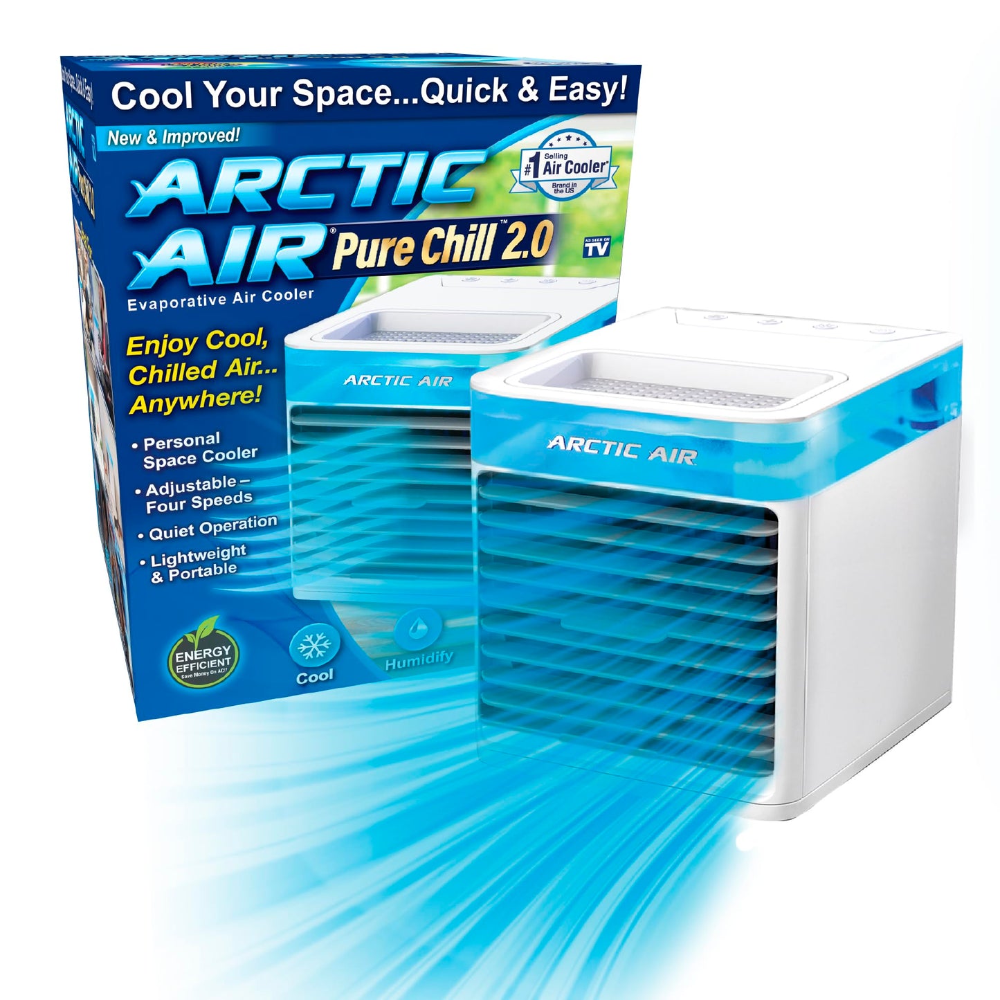 Arctic Air Pure Chill 2.0 Evaporative Air Cooler by Ontel - Powerful, Quiet, Lightweight and Portable Space Cooler with Hydro-Chill Technology For Bedroom, Office, Living Room & More,Blue -Like New