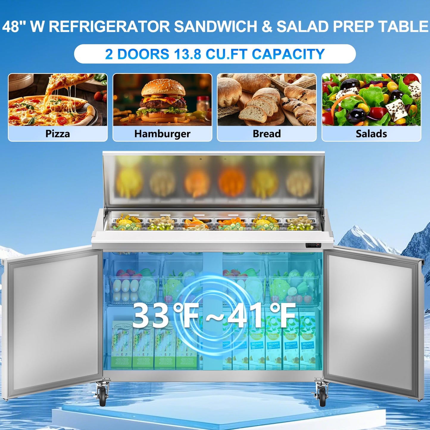 Rockitch 48" W Commercial Refrigerator Sandwich Salad Prep Table, 13.8 Cu.ft 2 Door Commercial Stainless Steel Mega Top Food Prep Fridge with 18 Pans, Salad Prep Station for Restaurant, Bar, Shop