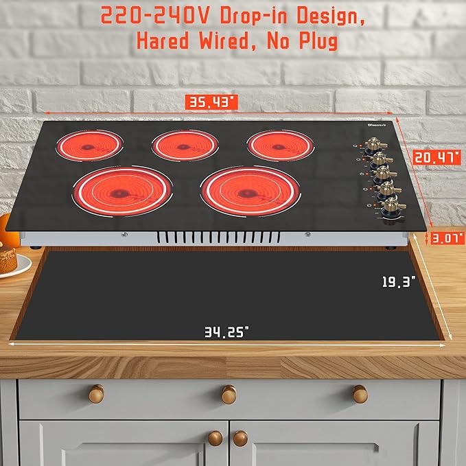 Electric Cooktop 36 Inch - 5 Burner Electric Stove Top with 8400W, 36 Inches Built-in Ceramic Stove with Two Dual Rings, Overheat Indicator, Knob Control, 220V - 240V Hard Wired (No Plug)
