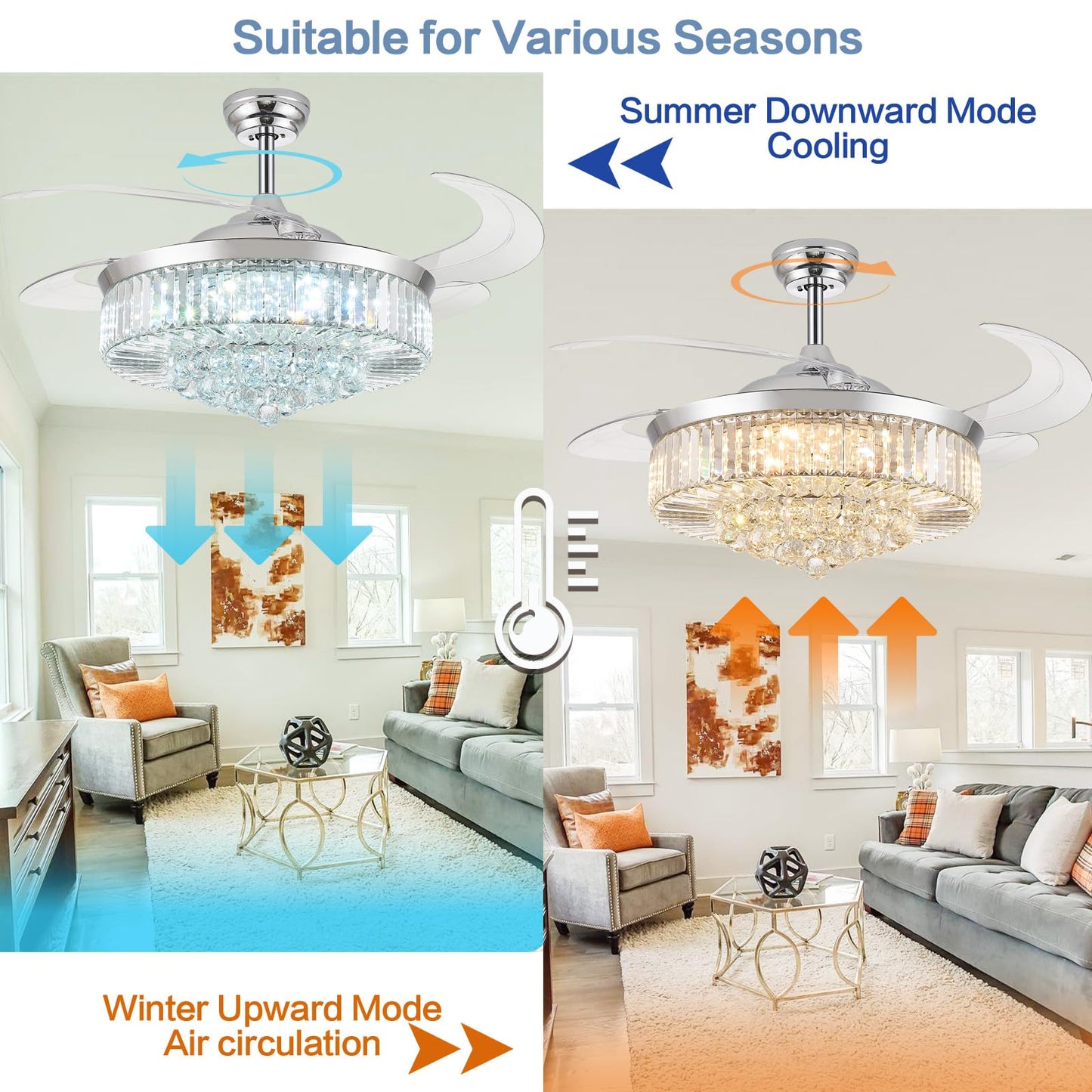 Zynfandor 52 Bluetooth Ceiling Fan With Light And Speaker,Rgb Retractable Blades Crystal Fandelier Music Player Led Chandelie