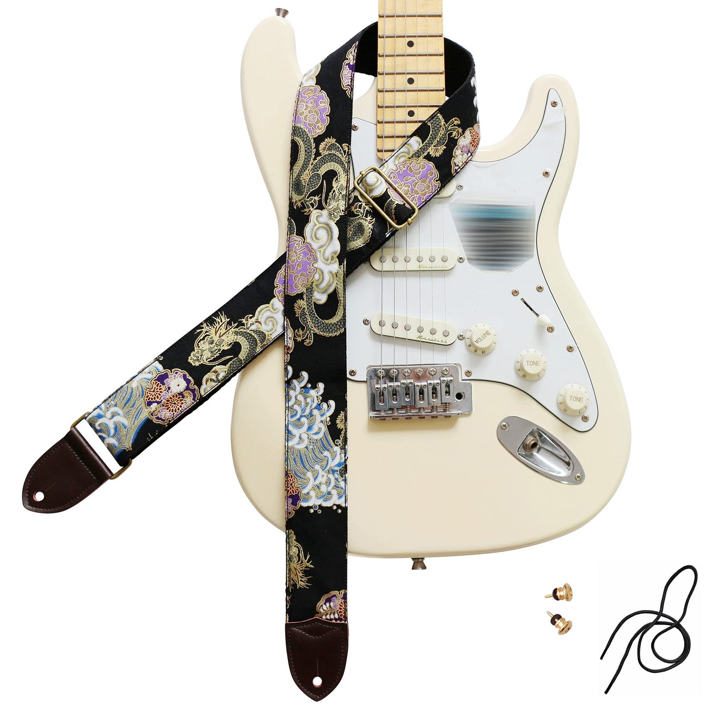 MUSIC FIRST Original Design, 2 inch width (5cm), Vintage Ukiyoe Style Dragon Electric Guitar Strap Bass Strap (Dragon)