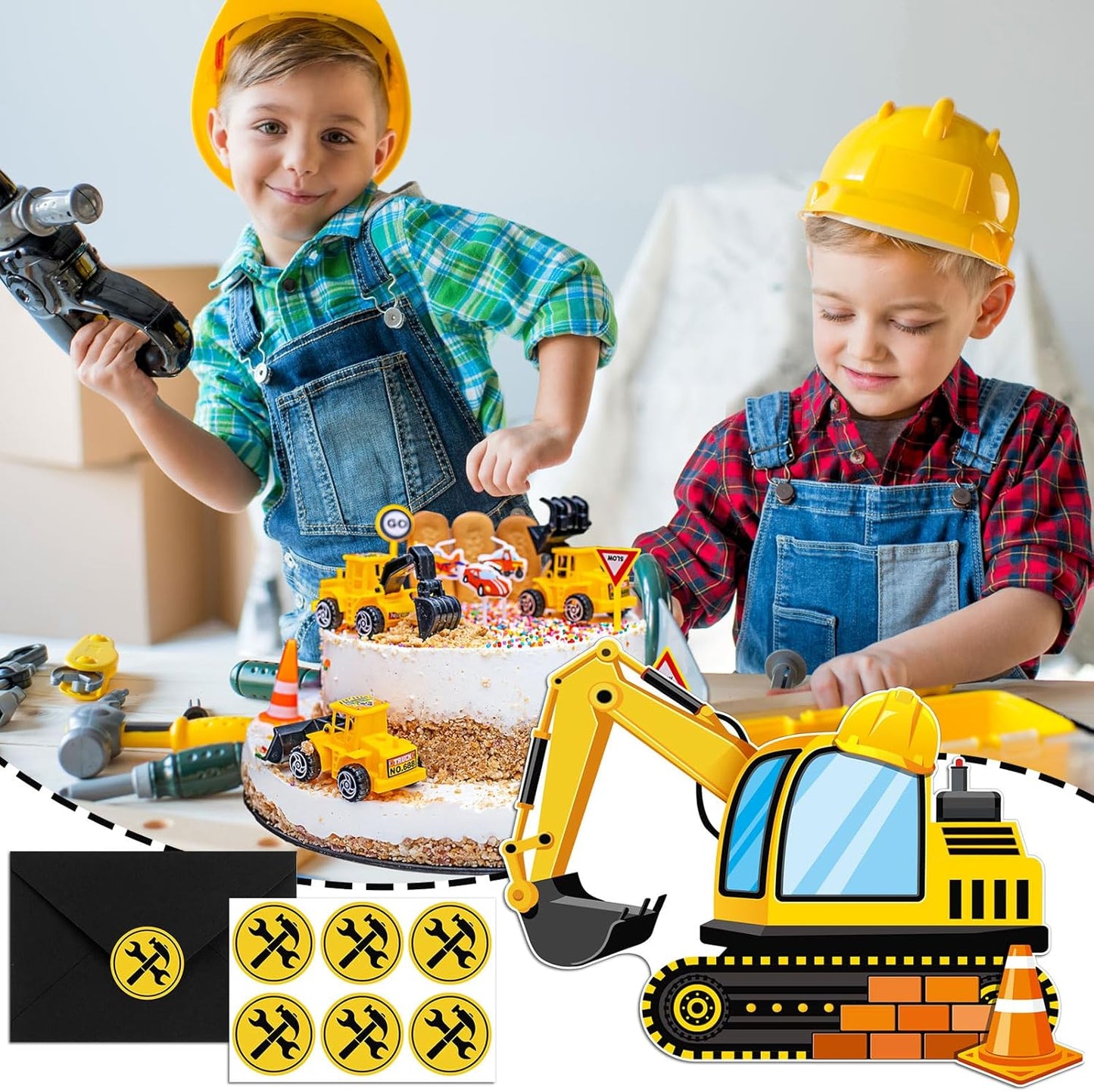 30 Sets Construction Excavator Birthday Party Invitations Cards with Envelopes Stickers Construction Themed Invitations for Boy Kids Birthday Excavator Party Supplies Decoration