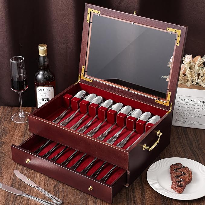 Novabright Wooden Silverware Storage Box with Lid, Christmas Flatware Organizer with Handle Felt Lined,15.3 x 11.4 Large Elegant Silverware Chest Case for Flatware Utensils Home Decor Gift(2 Layer)