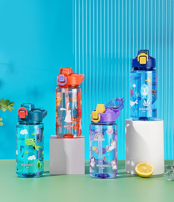 Kids Boys & Girls School and outdoor Water Bottle with silicone straw and Spill-Proof Lid (Rabbits & Flowers), GY2380