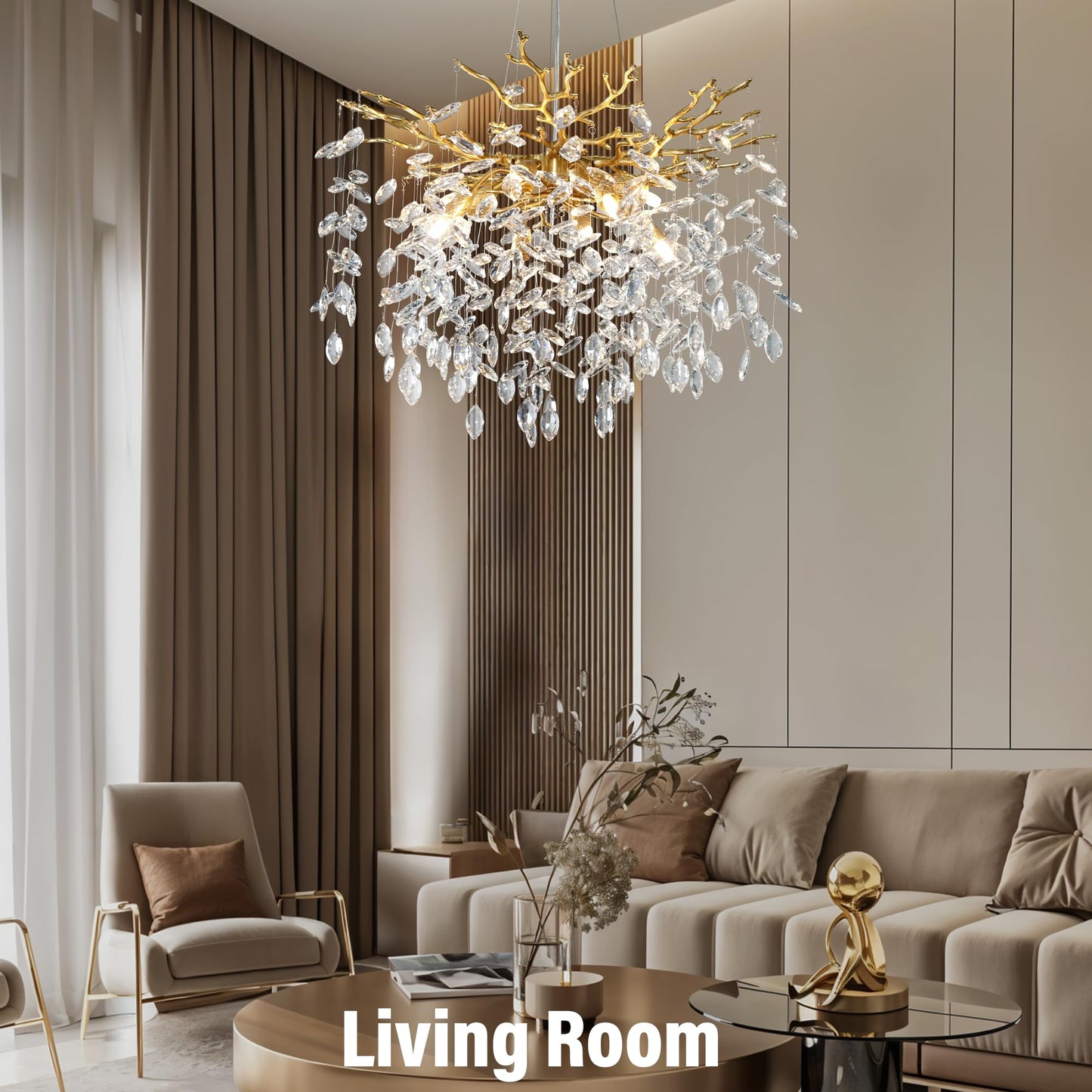 Yuyi 23.6 Modern Gold Tree Branch Crystal Chandelier 8-Light Round Raindrop Pendant Lighting For Dining Room Living Room Bedroom Kitchen Foyer Entryway stylish K9 Crystal Statement Light Fixture