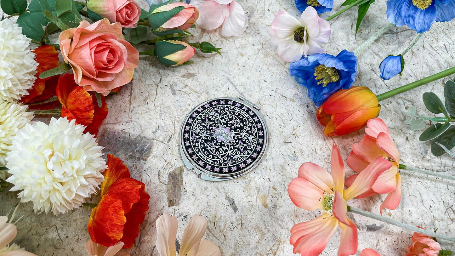 Nacreh Portable Makeup Compact Double Magnifying Mirror Cosmestic Foldable Pocket Style Unique Mother of Pearl Design (Ivy)