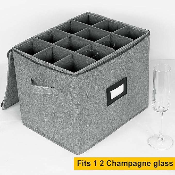 VERONLY Champagne Flute Storage Box with Dividers, Champagne Glass Storage Container, Hard Shell Stemware Storage Case Organizer for 12 Crystal Champagne Flutes Storage and Organization (Grey)