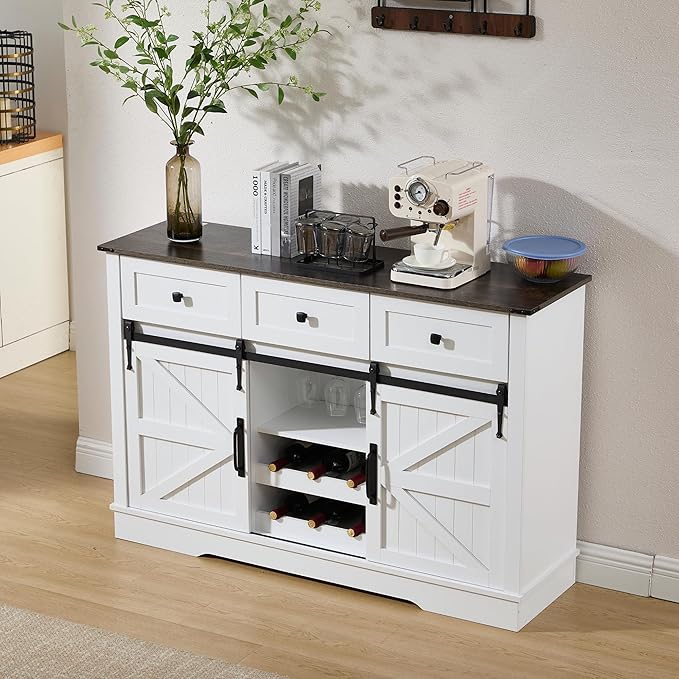 Farmhouse Bar Cabinet with Wine Rack 54" Coffee Buffet Cabinet with Sliding Barn Doors, Adjustable Shelves Rustic Kitchen Cabinets with 3 Drawers for Dining Room, Black with White