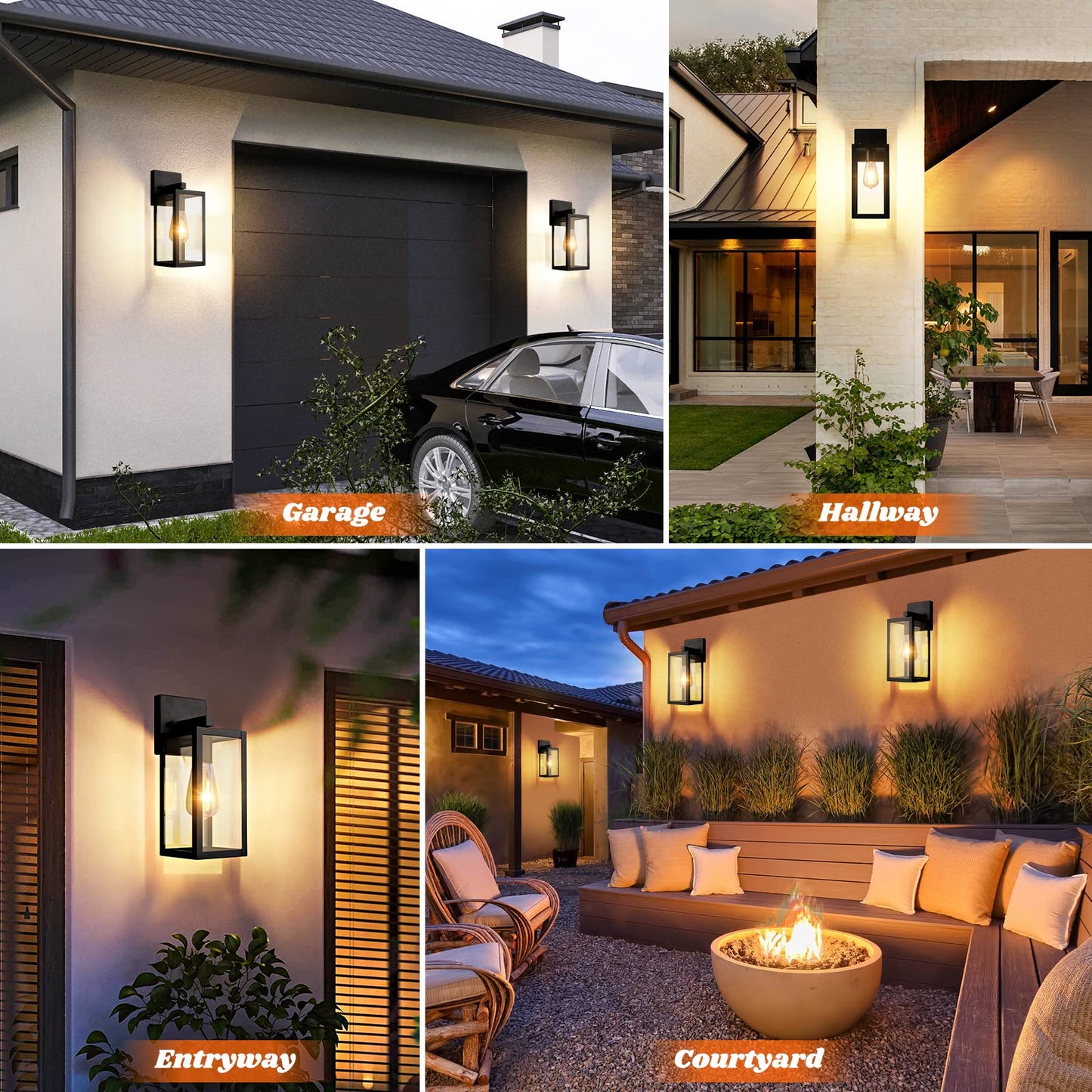 Brightever 2-Pack Outdoor Wall Lanterns, Waterproof Black Metal Sconces, Clear Glass, Model B04018P