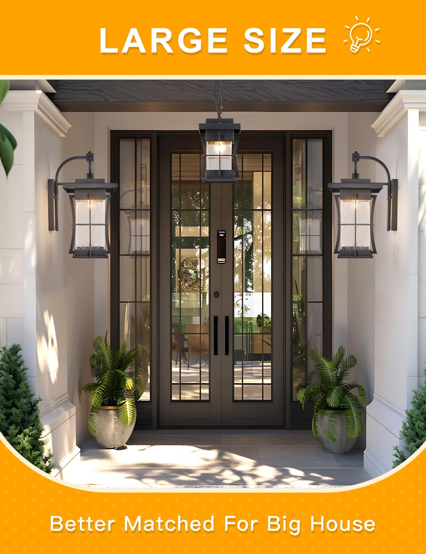 EERU Outdoor Wall Sconce, 18in H, Black, Large Size, Waterproof, Metal, Clear Seeded Glass, Ideal for Villa Porch and Garage