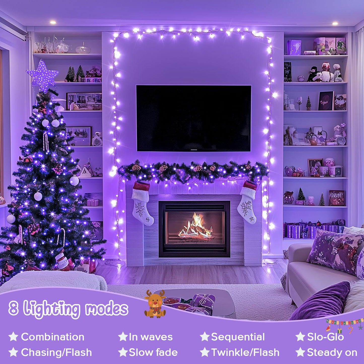 Jmexsuss 2 Pack 100 Led Purple Christmas Lights Indoor 33Ft Clear Wire Purple String Lights Outdoor Waterproof 8 Modes Connectable Christmas Tree Lights For Xmas Tree Yard Bedroom Porch Decorations