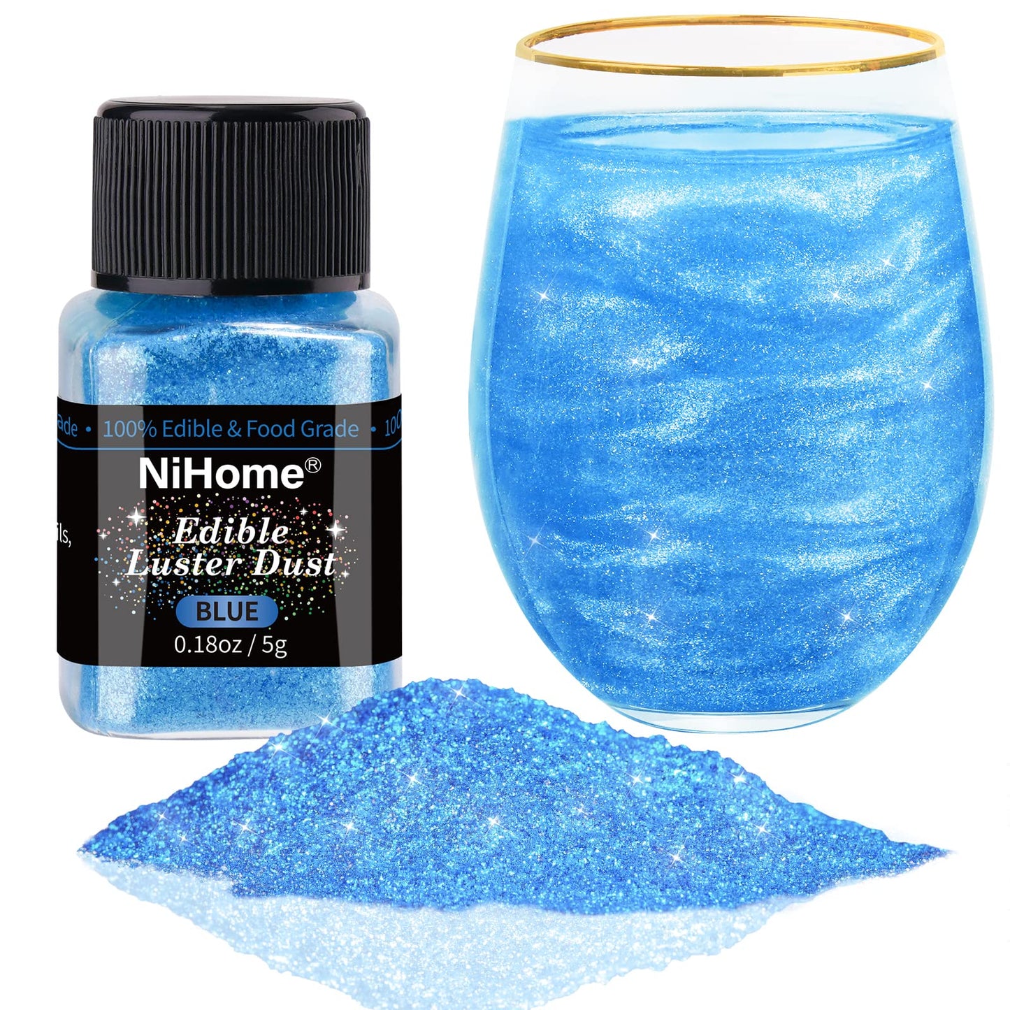 NiHome Edible Food-Grade Glimmer Powder Glitter Luster Dust Metallic Food Decorating Sprinkle Glimmery Dust for Drink Wine Beverage Cake Candy Dessert Bakery Restaurant Vegan (0.18oz/5g Blue)