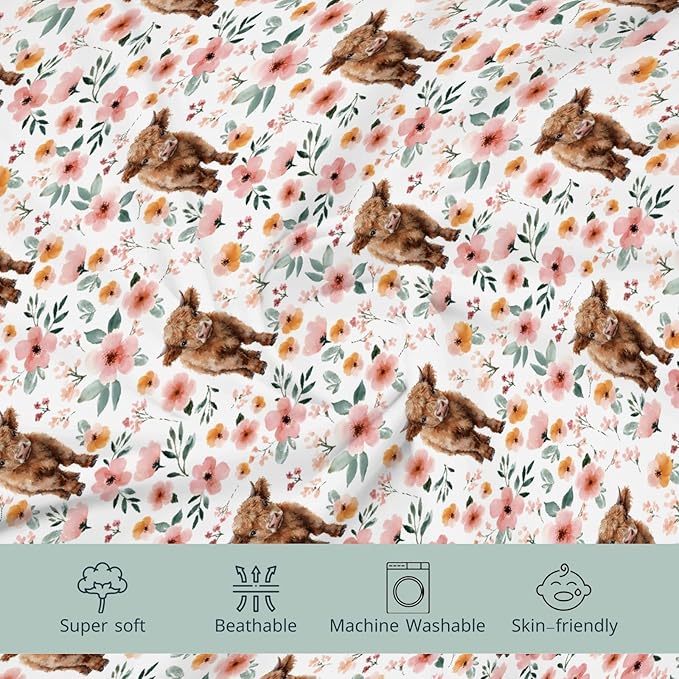 HawSkgFub Highland Cow Boho Floral Changing Pad Cover for Baby Girls, Western Farm Animal Retro Flower Diaper Change Table Covers, Soft Stretchy Safe Snug Fitted Changing Mat Sheet Fit 32"/34" x 16"