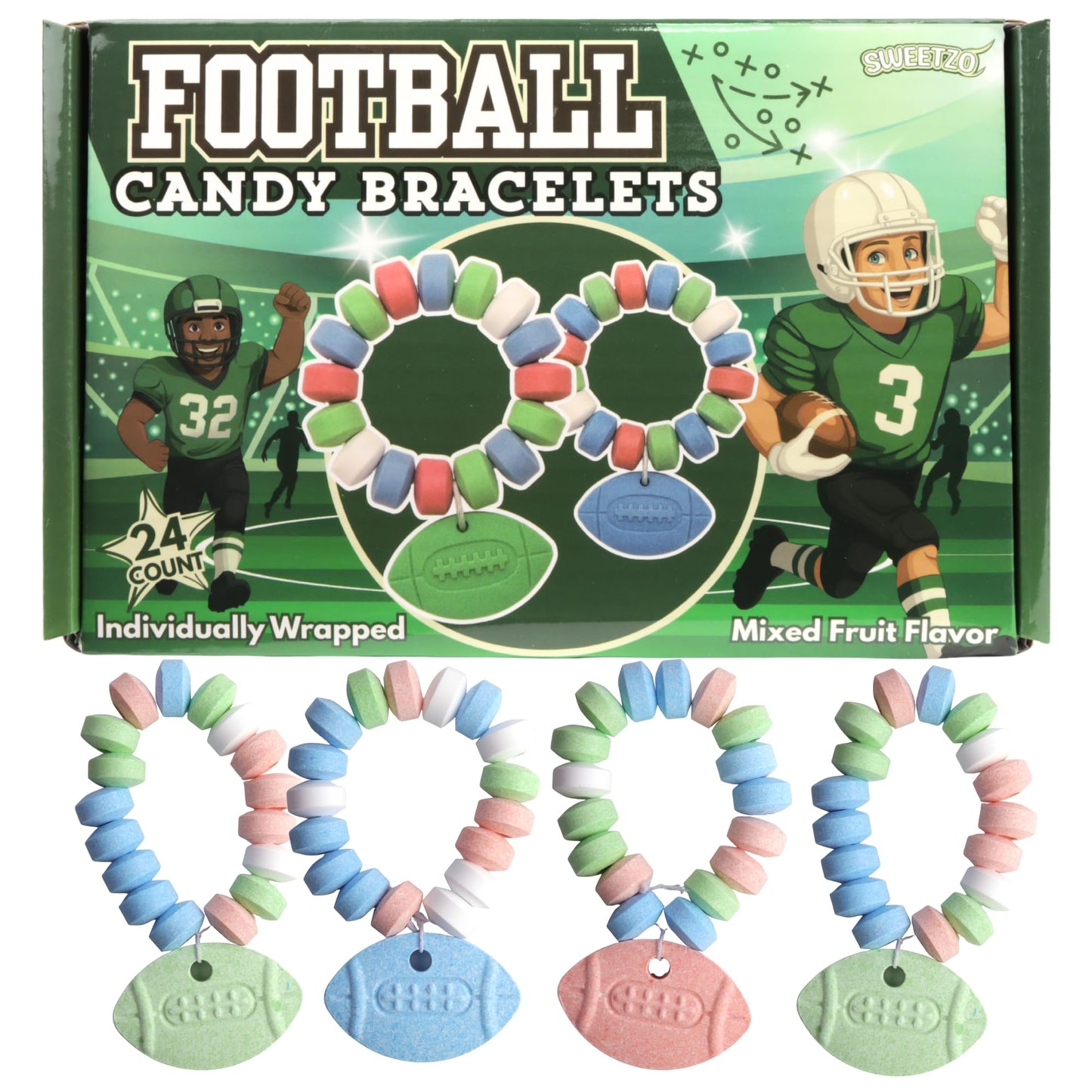 Football Candy Bracelets Sports Themed Edible Jewelry Individually Wrapped Team Party Favors 24 Count 10.16 Ounces
