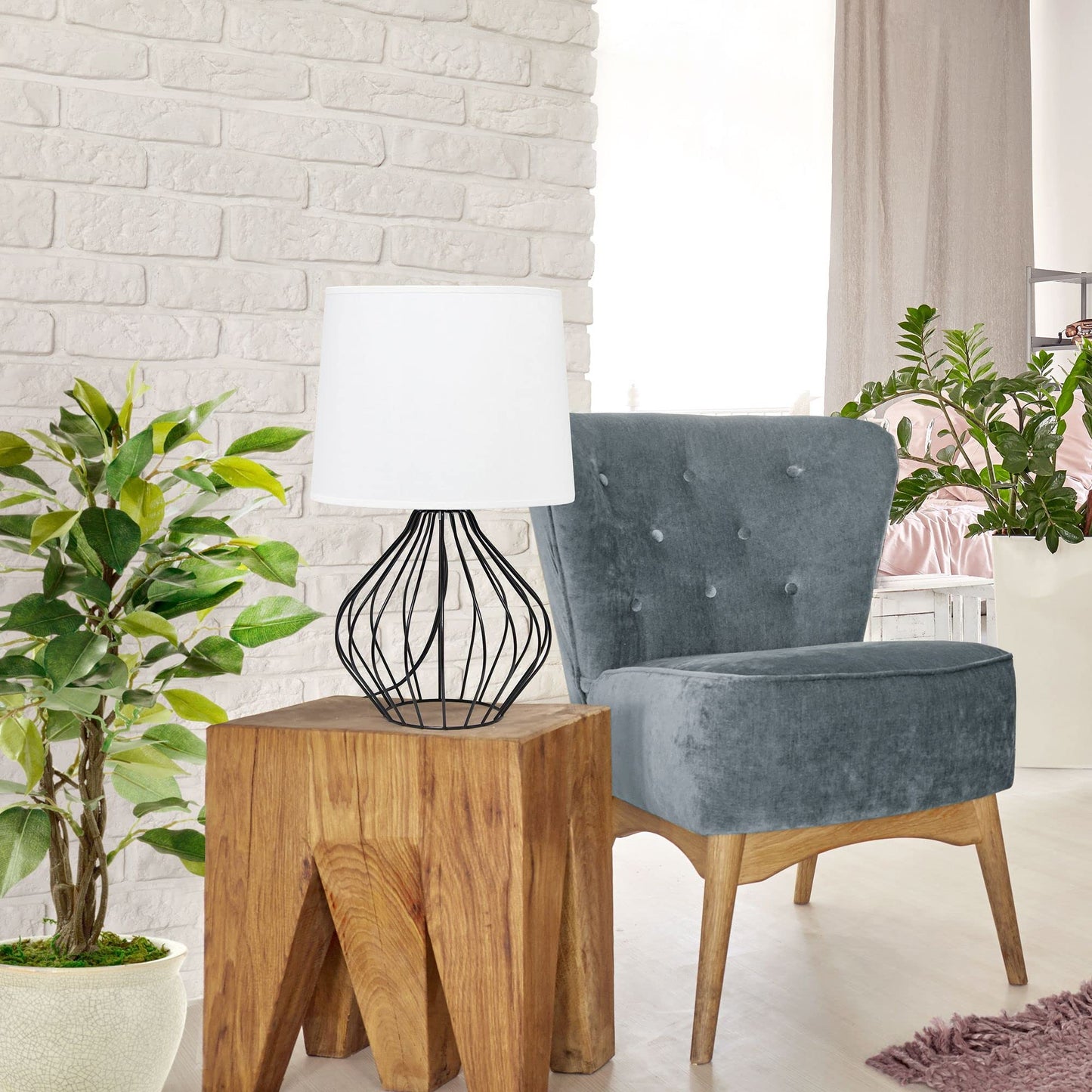 Simple Designs Bedside Table Lamp Geometrically Wired Iron Black Base White Shade 12.25inL x 12.25inW x 19.75inH Model LT2086-WOB