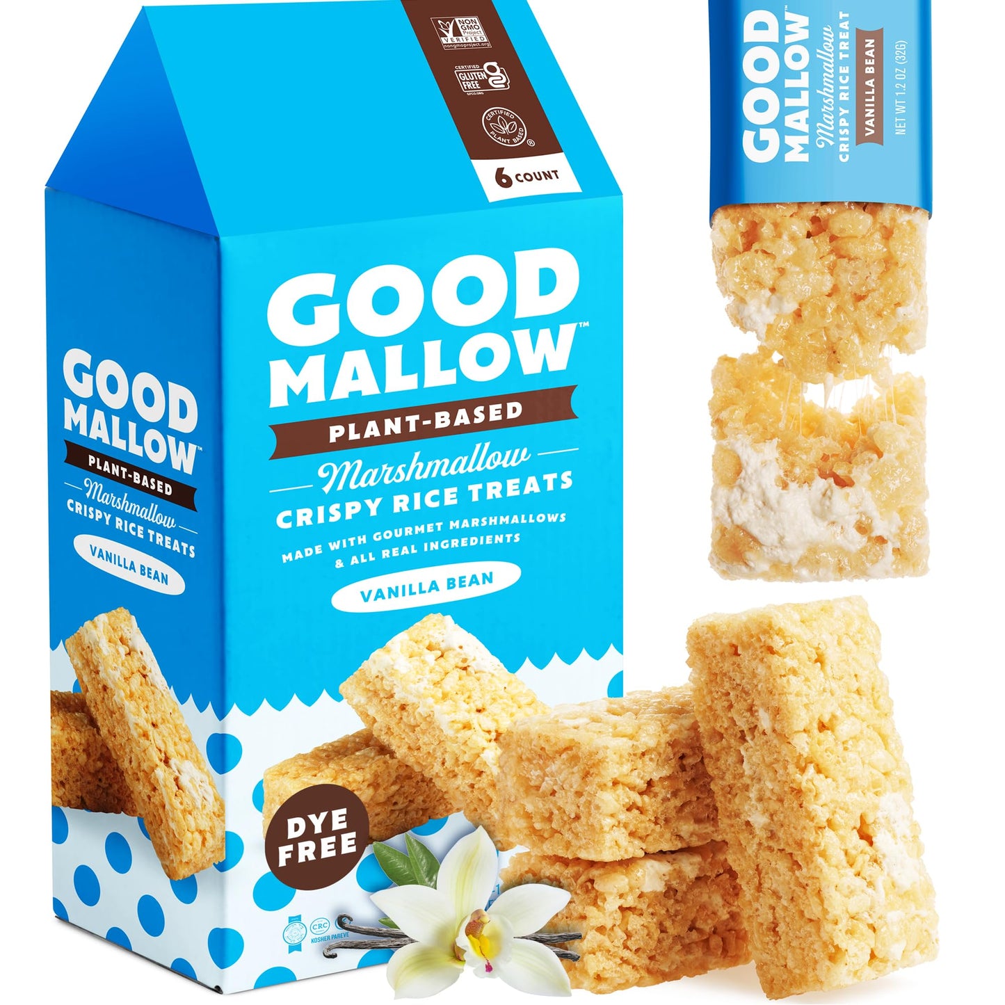 GoodMallow Vegan Rice Crispy Individually Wrapped Box of 6 Kosher Vegan Snacks Gluten Free Dairy Free Snacks for Kids & mature-themeds - Healthy Sweets Made with Gourmet Marshmallows (Vanilla Bean)