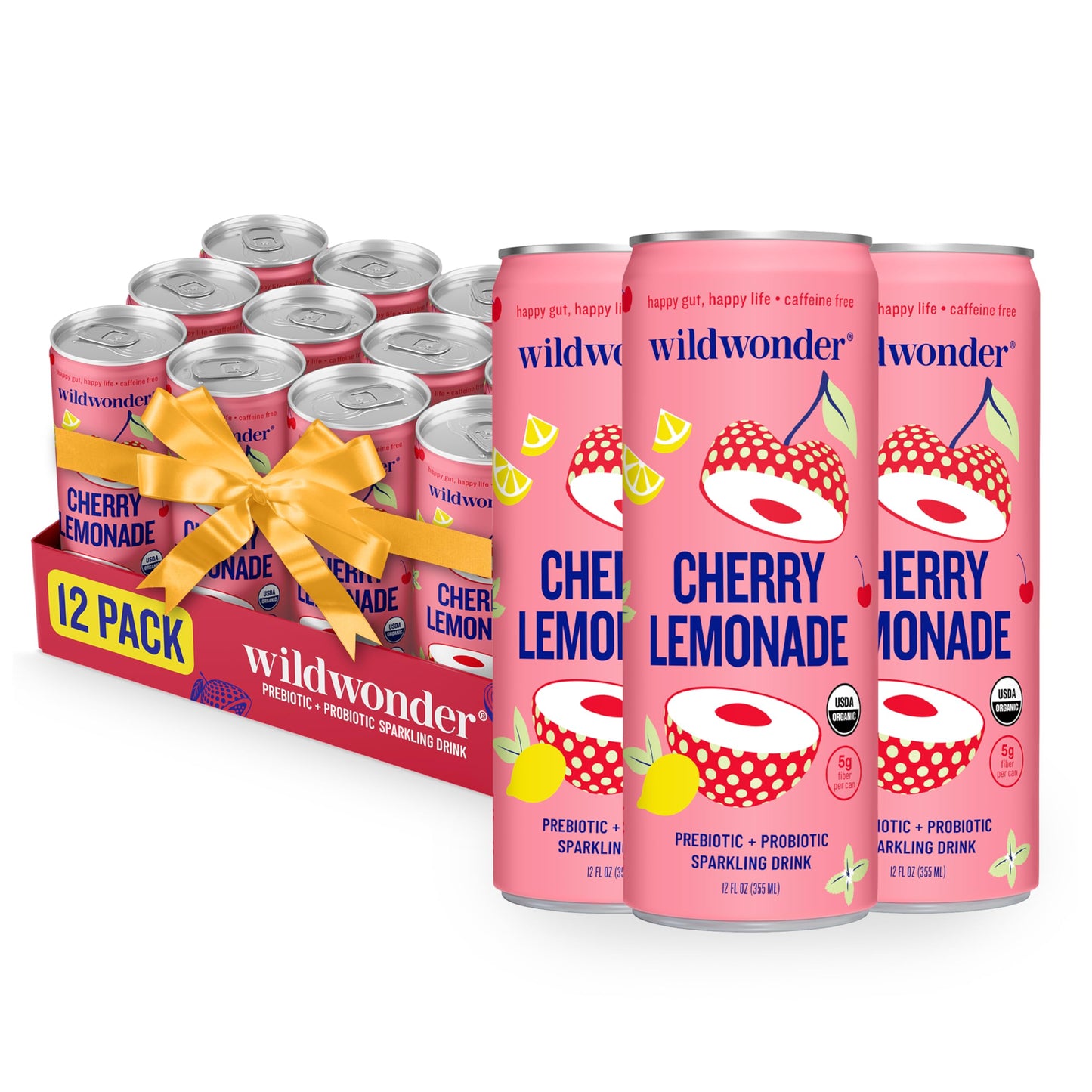 NEW! wildwonder Sparkling Probiotic Drink 12pk For Gut Health & Immune Support Cherry Lemonade 5g Prebiotic Fiber Live Probiotics Organic Vegan Low Sugar 12 Pack 12oz Can Seen on Shark Tank