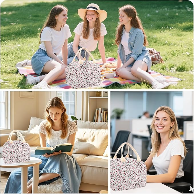 Cotton Quilted Insulated Lunch Bag, Cute Quilted Floral Lunch Tote Bags Reusable Insulated Lunch Box Coquette Aesthetic Large Capacity Insulated Cooler for Women Work Travel Picnic (Red Flower)
