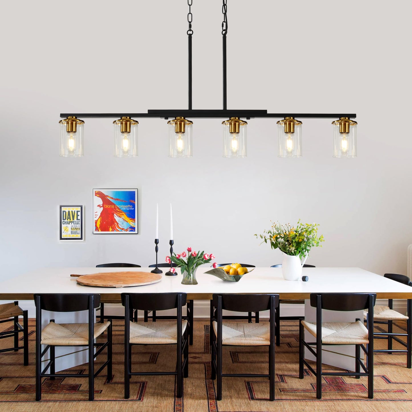 Xvmbvm 6-Light Kitchen Island Lighting Dining Room Lights Modern Farmhouse Chandelier With Clear Glass Shade Modern Rustic Black And Gold Metal Chandelier Kitchen Pendant Light Fixtures Over Table