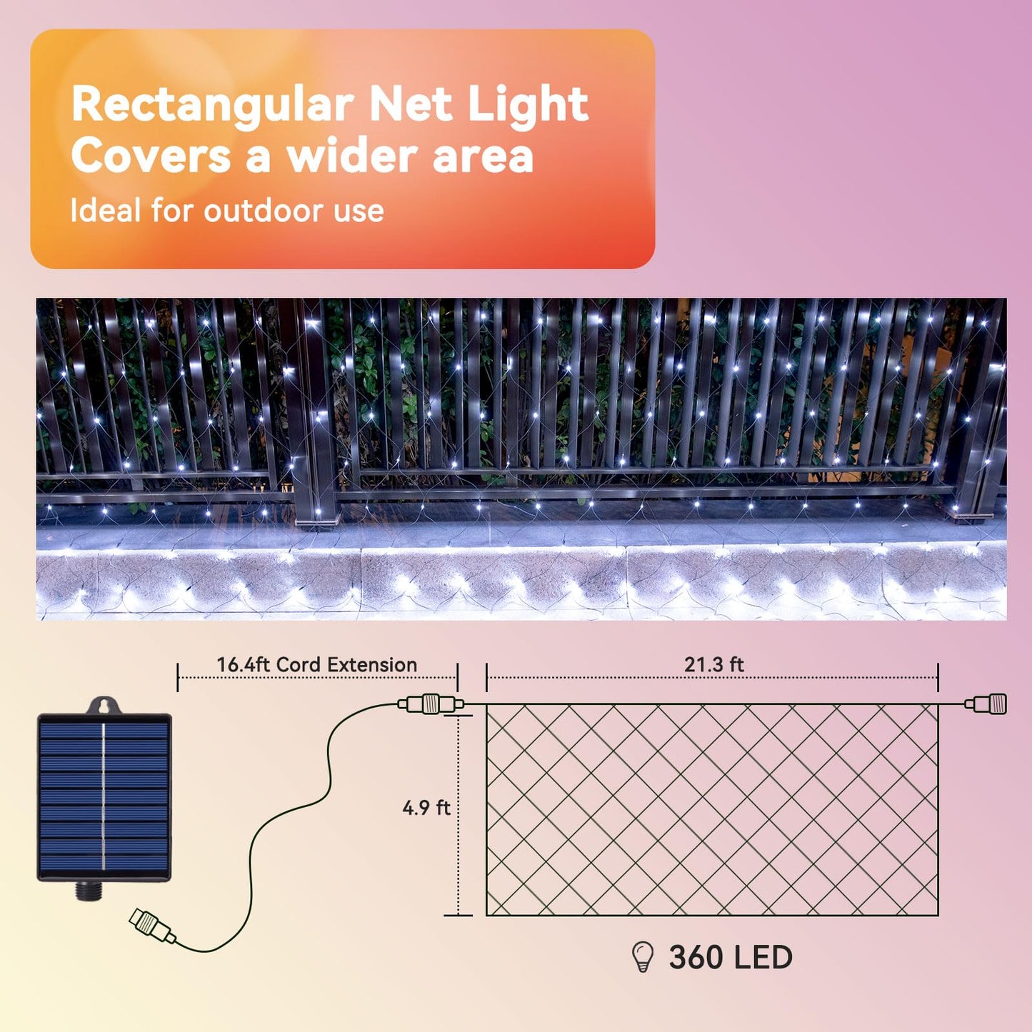 FunNite Solar Net Lights 21ft x 5ft, 360 LED Waterproof Mesh, Remote Control, Cool White, Model LR-(1-1000) L-SL01